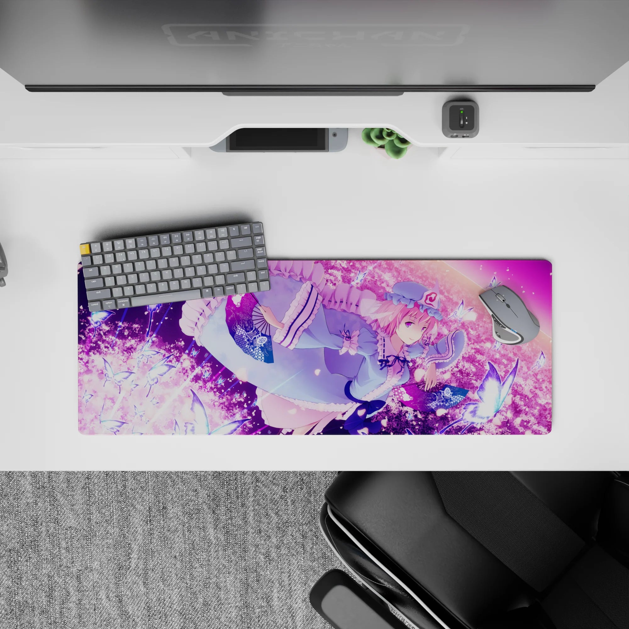32x12 inches anime girl mouse pad in soft blue and pink-lilac tones with glowing butterflies, calm vibe.