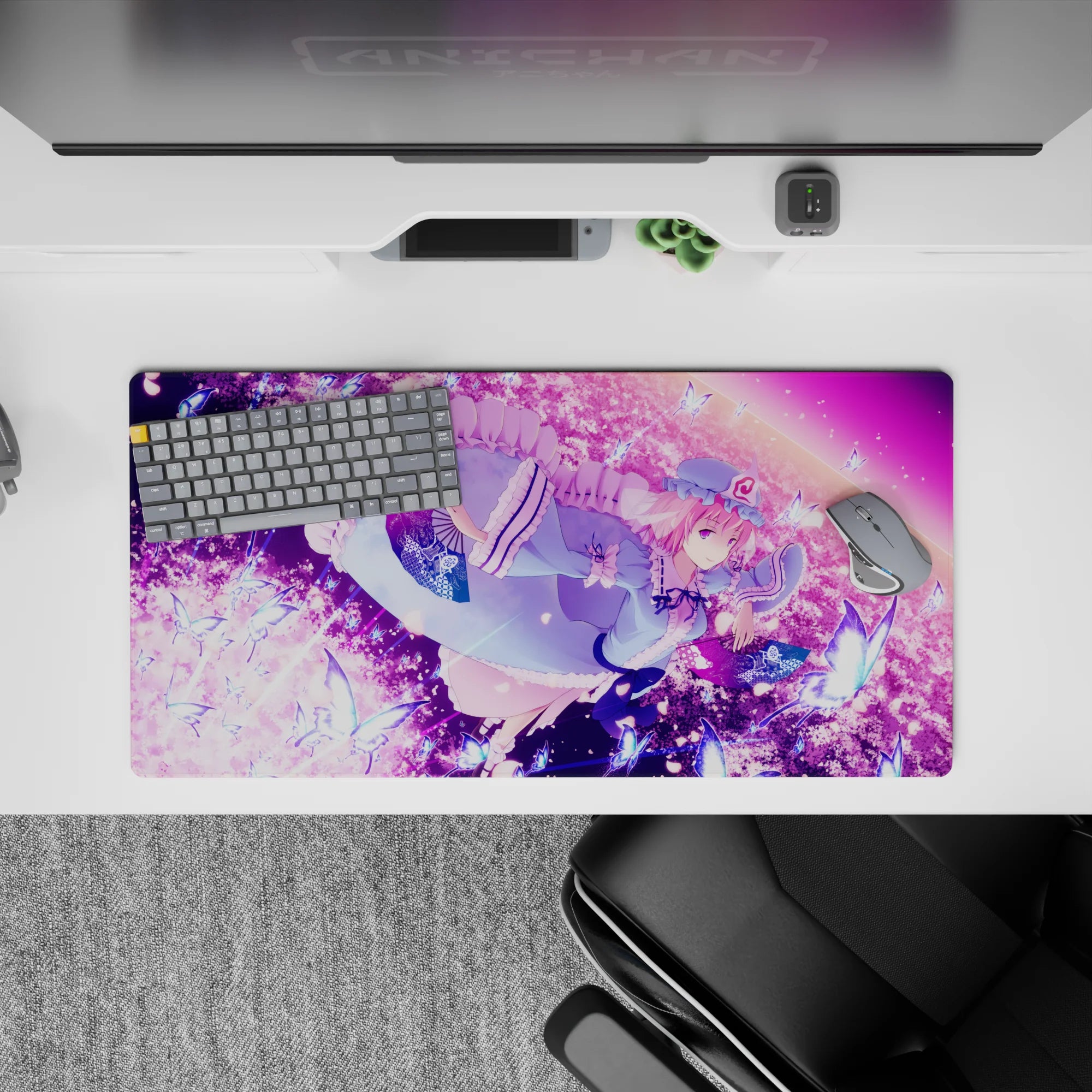 32x16 inches pastel pink-lilac and soft blue mouse pad, dreamy sky, glowing butterflies, crisp art.