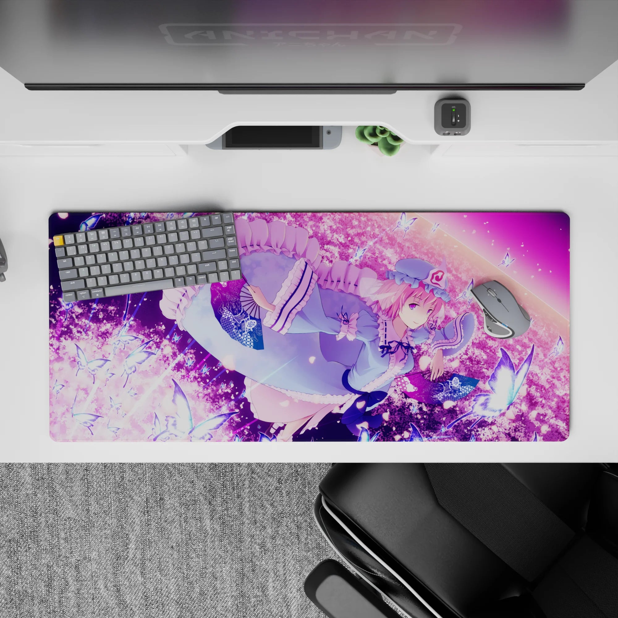 36x16 inches anime desk pad in soft blue and pink-lilac tones with dreamy candy-dust sparkle.