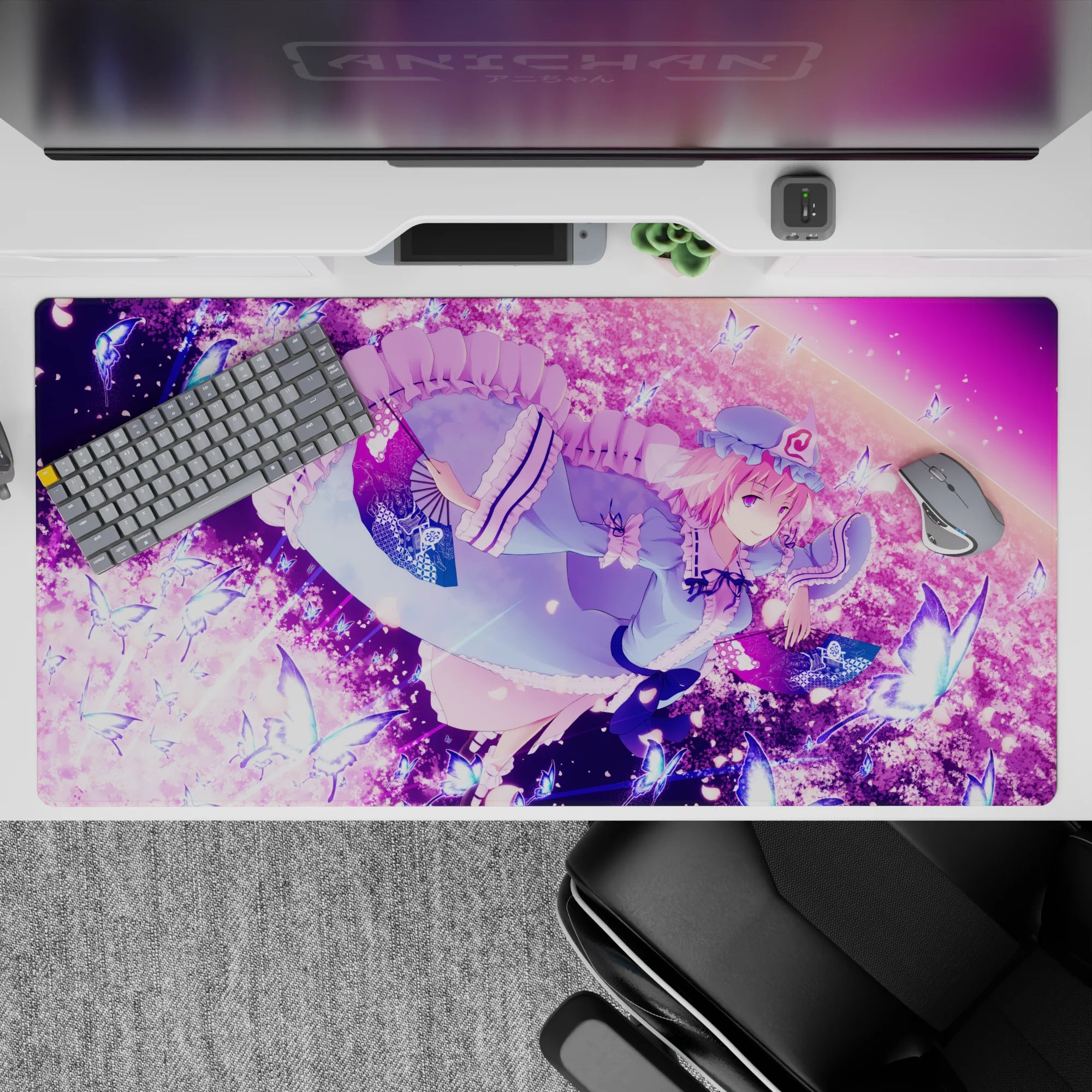 Pink-lilac sky and soft blue tones anime desk pad 40x20 inches, dreamy calm vibe.