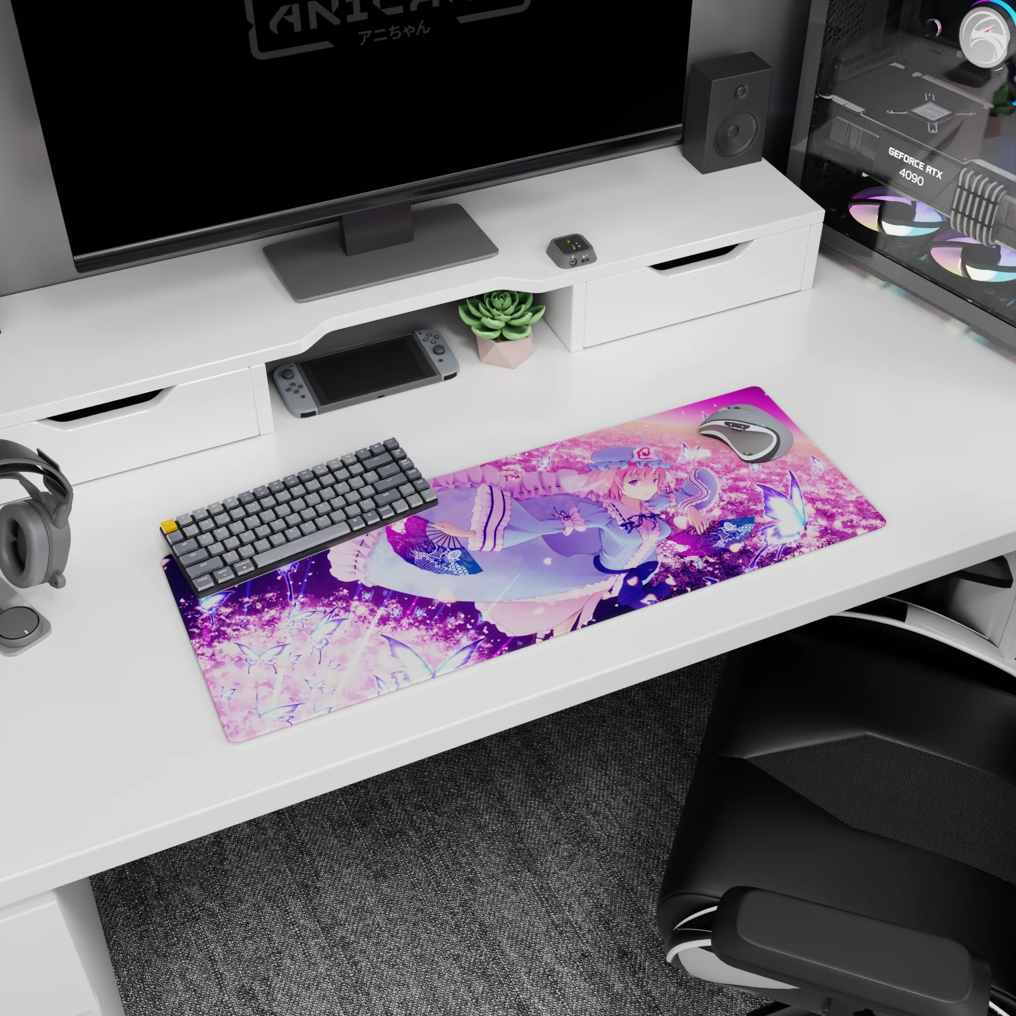 32x12 inches Yuyuko Saigyouji Touhou Project mouse pad, smiling with fan amid butterflies and petals.