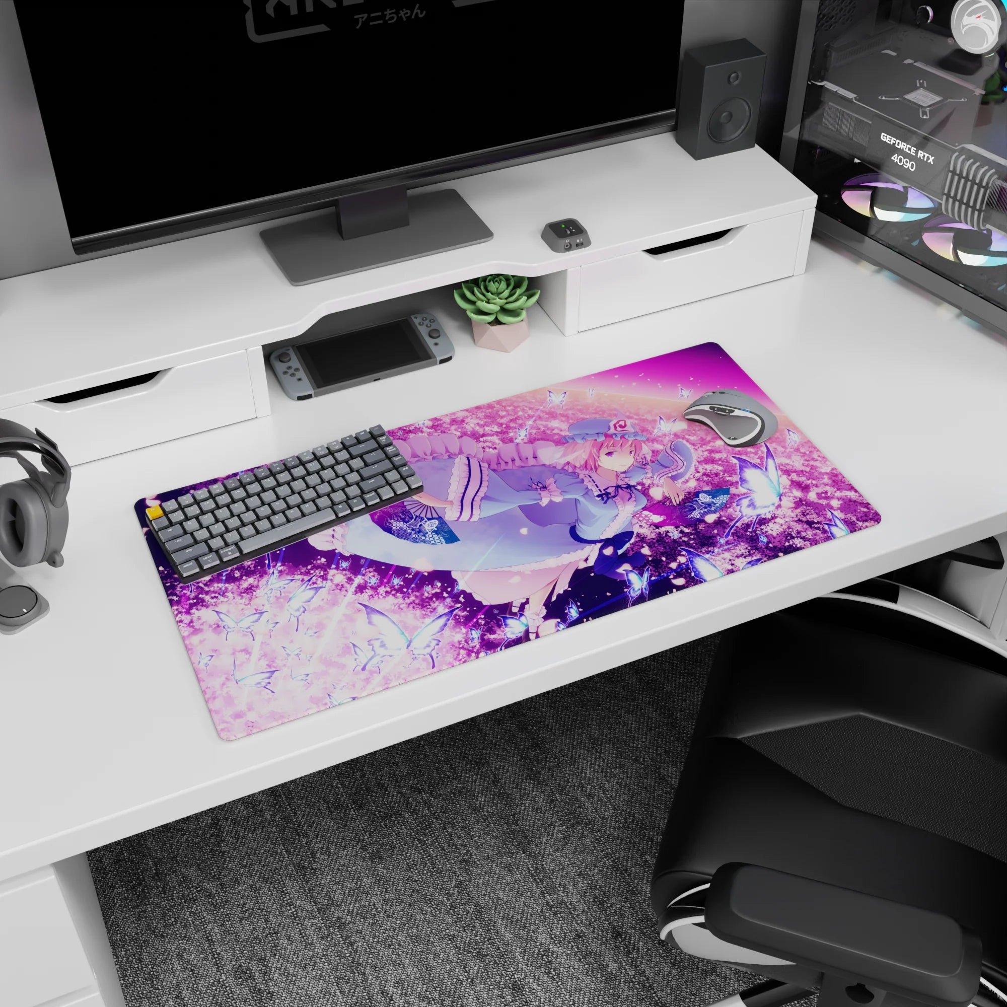32x16 inches Yuyuko Saigyouji Touhou Project mouse pad, calm smile with fan, drifting in butterfly sky.