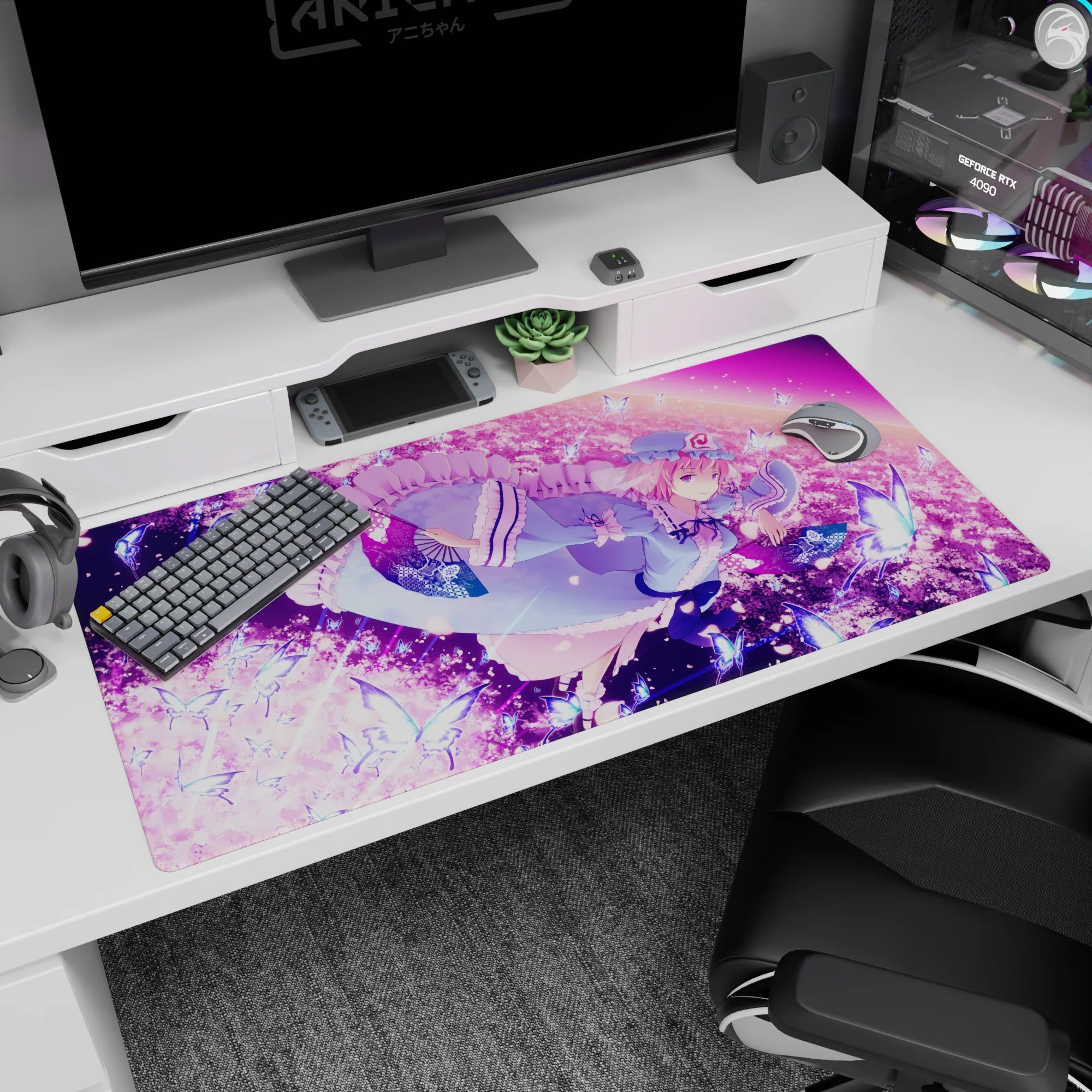 Yuyuko Saigyouji with a fan amid glowing butterflies on an anime desk pad 40x20 inches.