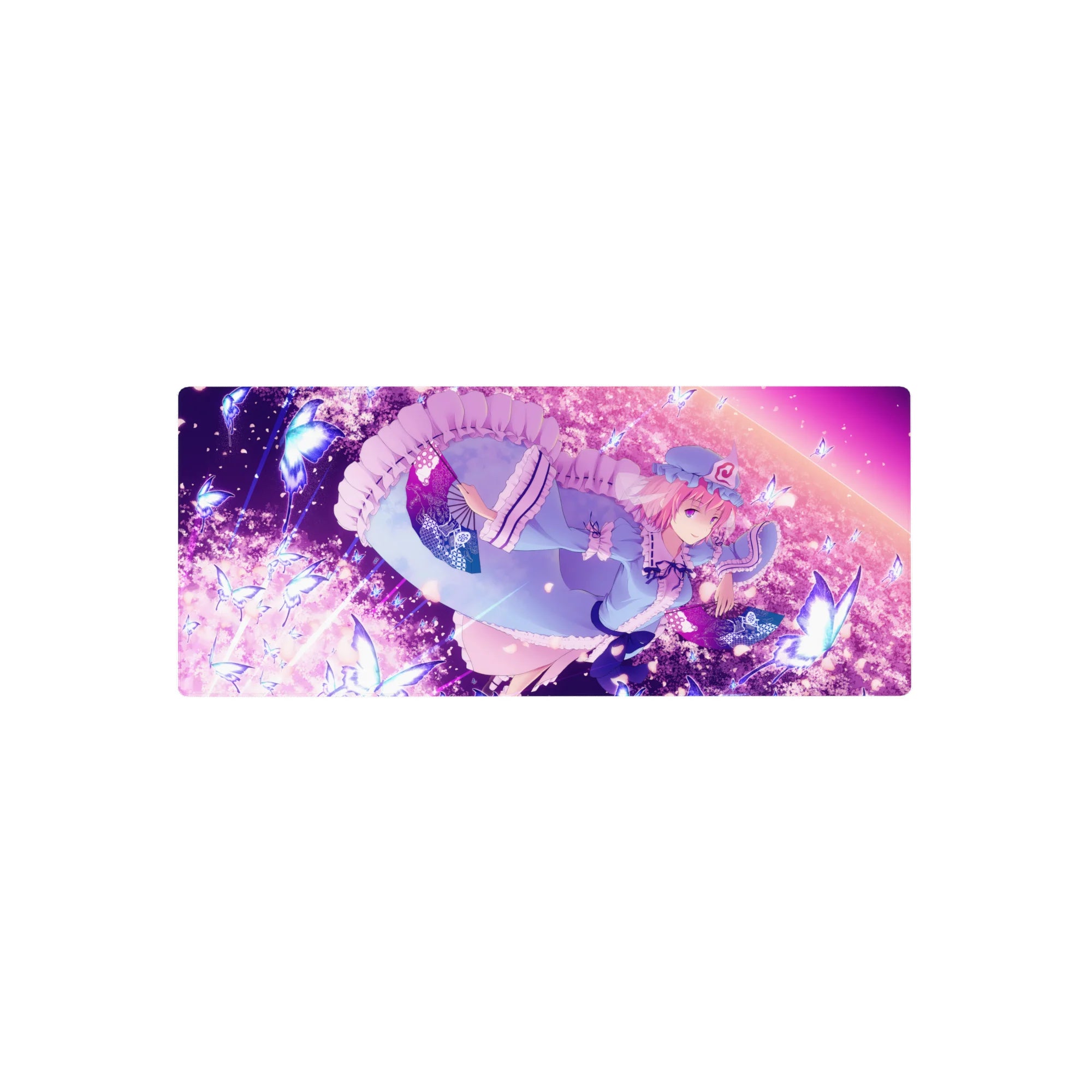 28x12 inches anime girl mouse pad with frilly trim, sparkly petals, and glowing butterflies in a dreamy sky.