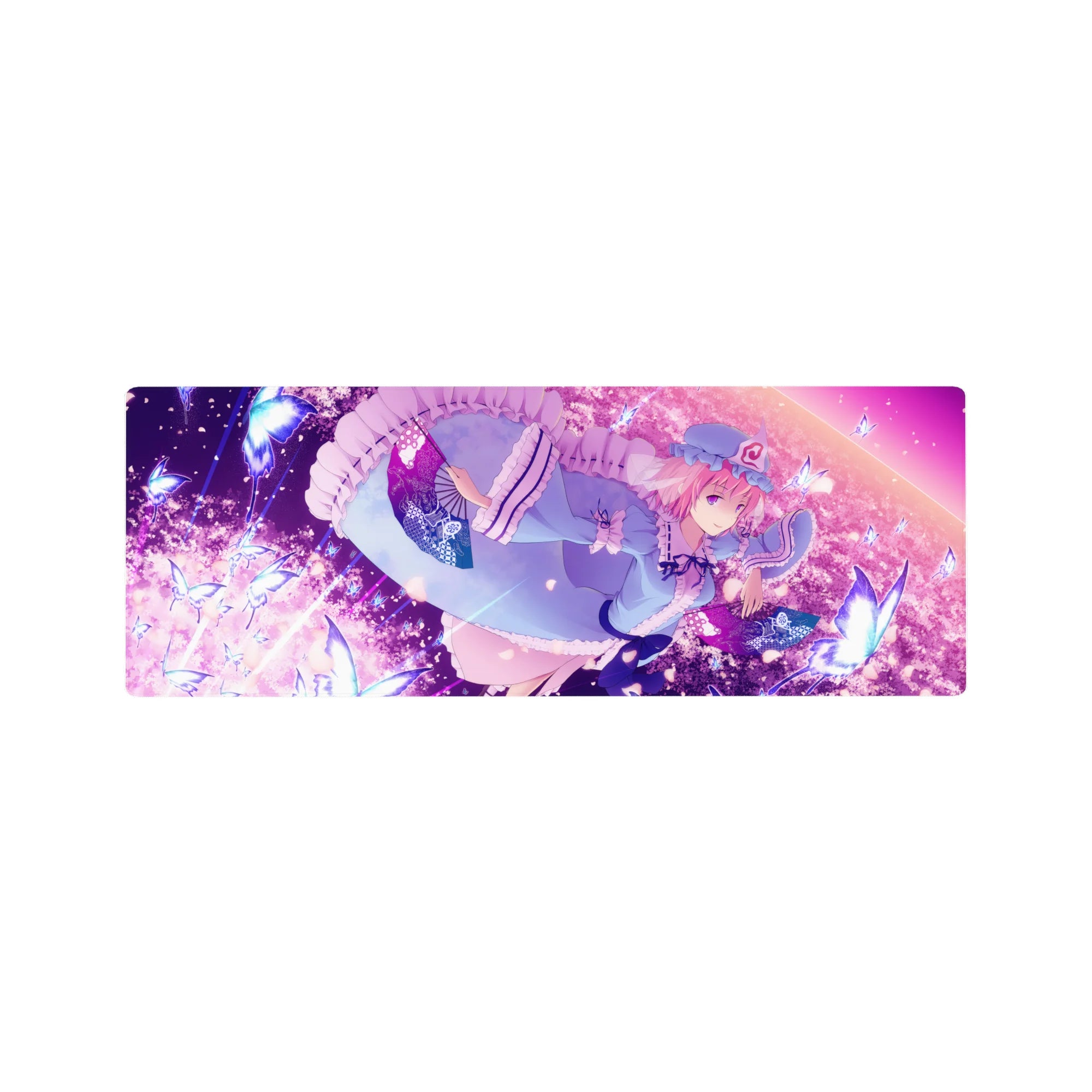 32x12 inches anime girl mouse pad with frilly trim, butterflies, and sparkly petals in a dreamy sky.