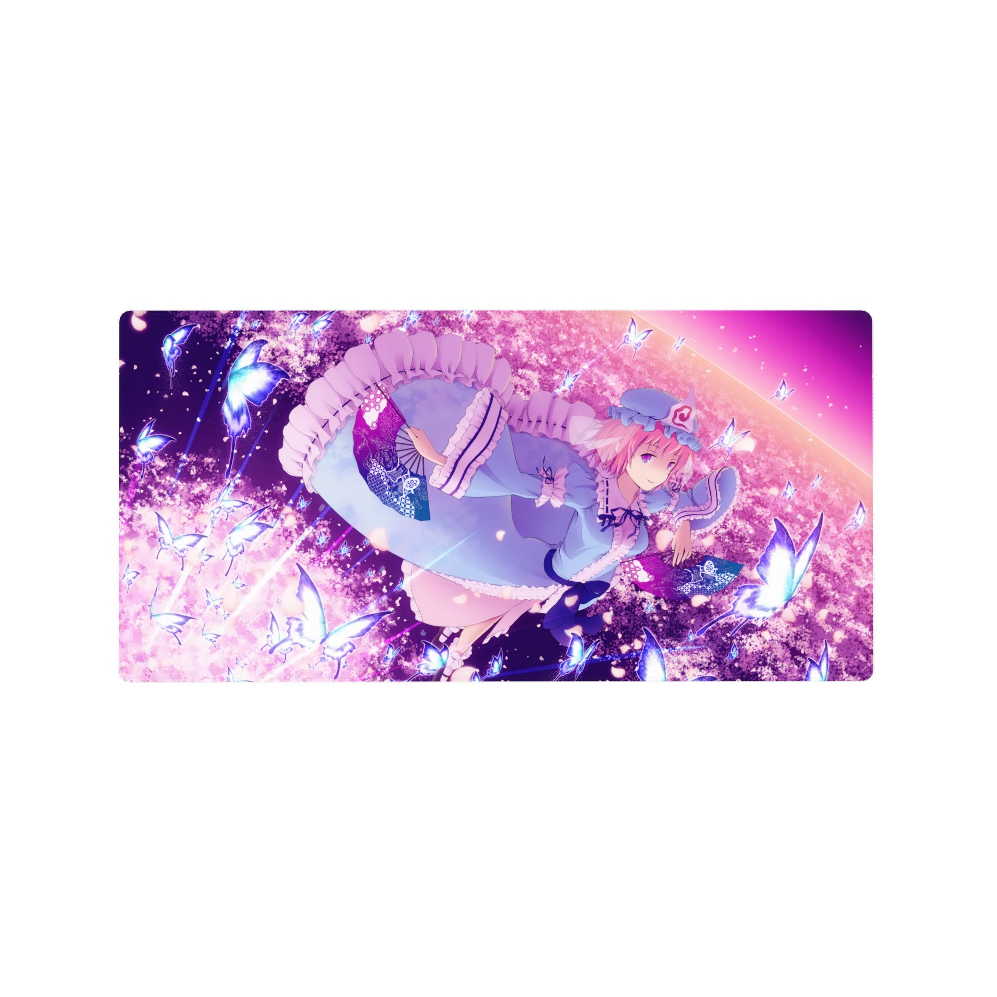 32x16 inches anime girl mouse pad with frilly trim, butterflies, sparkly petals, smooth tracking.