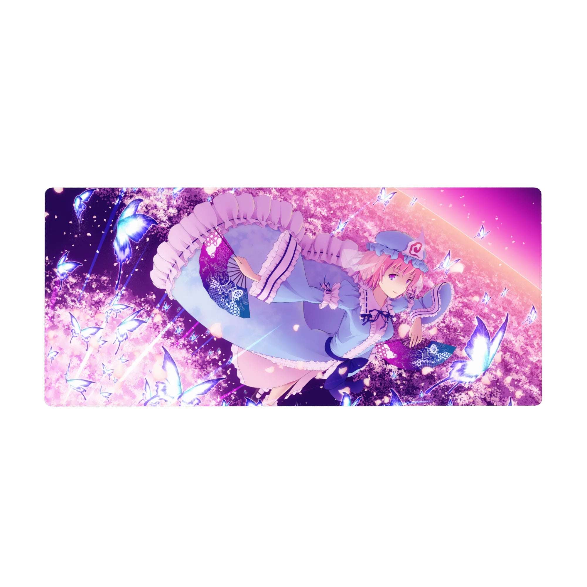 36x16 inches anime girl desk pad with frilly trim, glowing butterflies, and sparkly petal details.