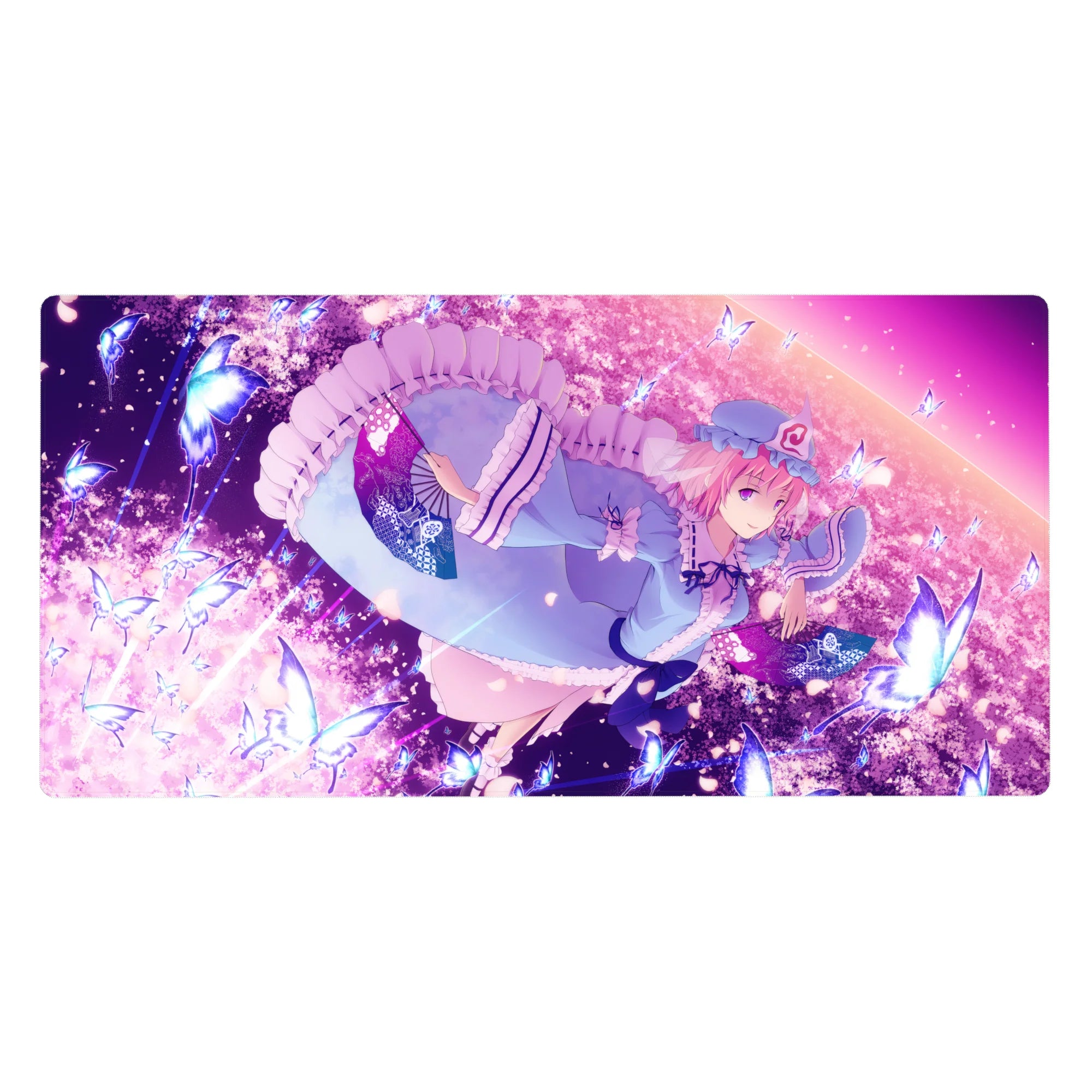 Anime girl desk pad 40x20 inches with frilly trim, sparkly petals, and glowing butterflies.