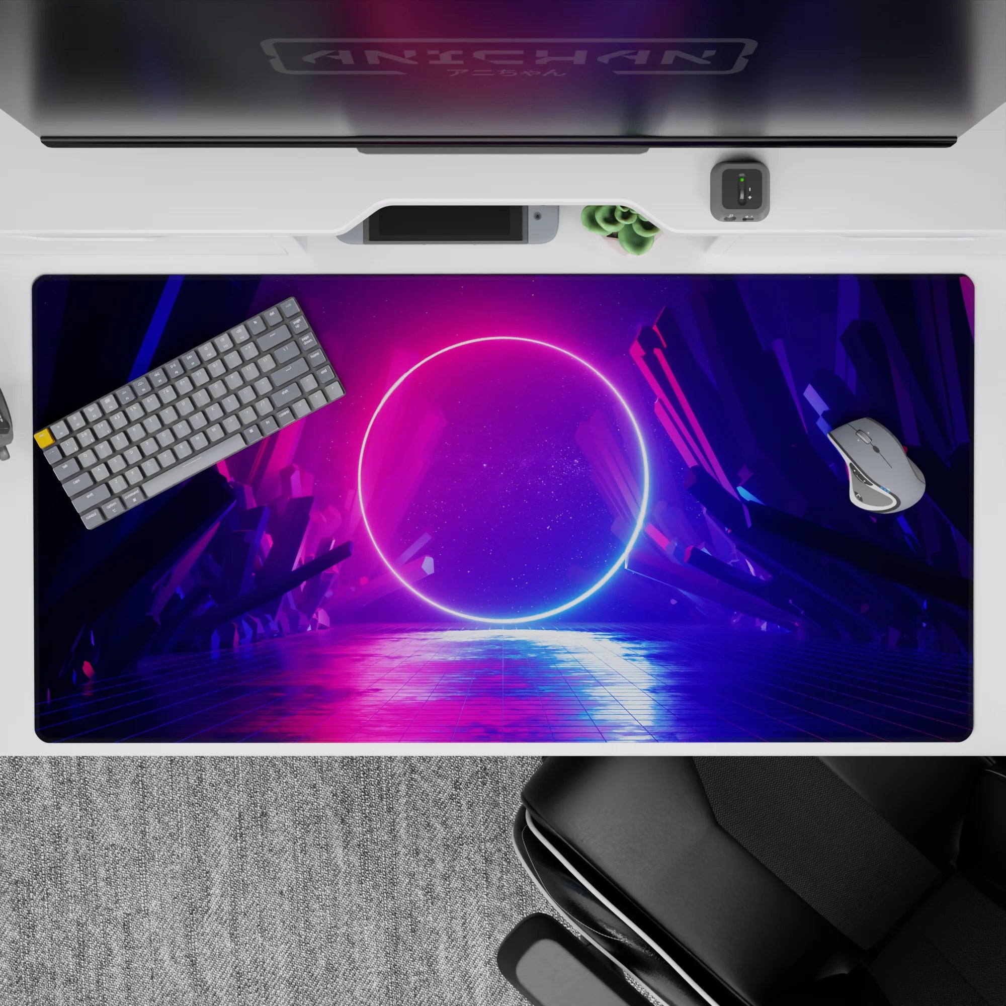 Violet and magenta gradient desk pad 40x20 inches, cool blue glow for late-night arcade mood.