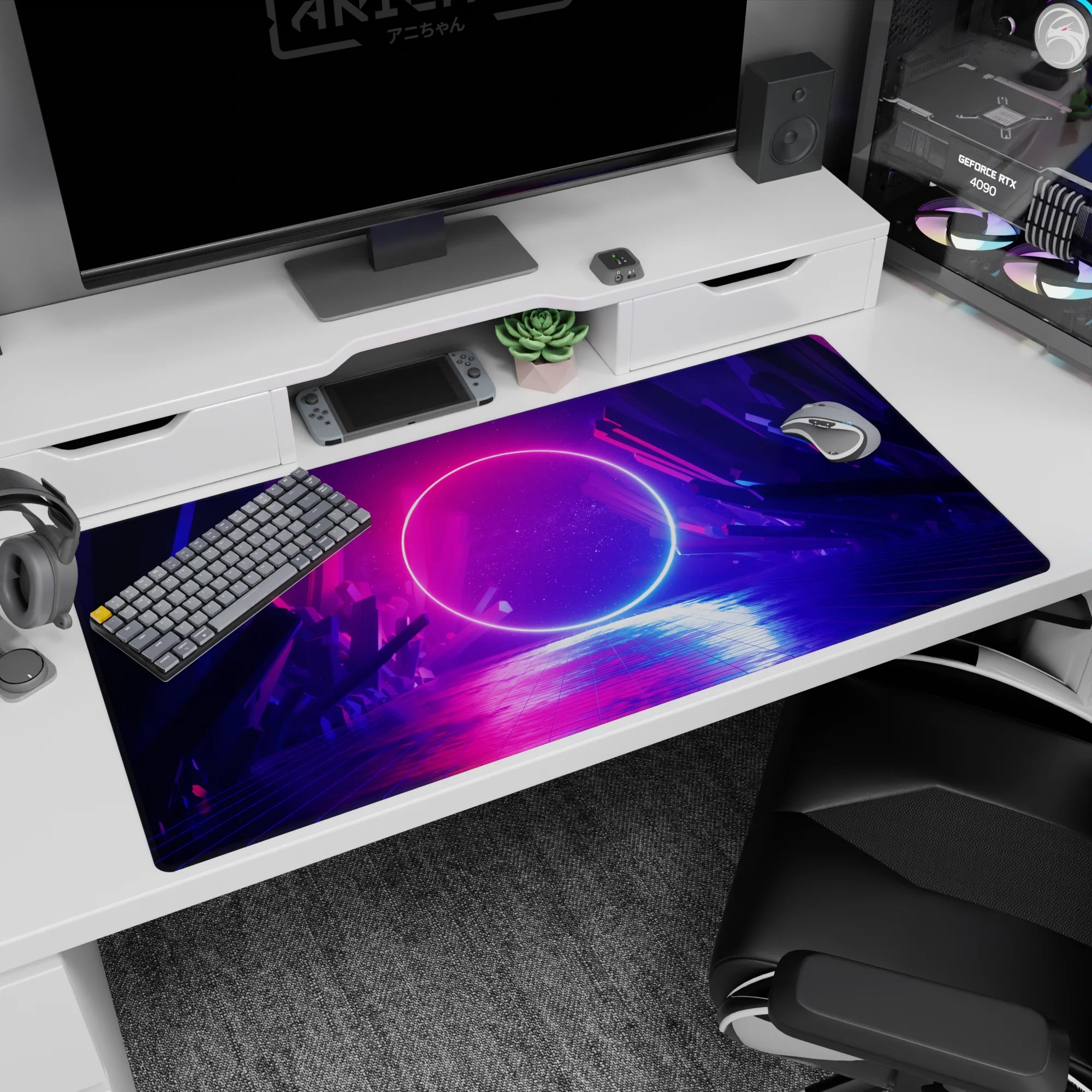 Dreamy cavern scene with floating neon portal, crystal shards, and blue ring glow desk pad 40x20 inches.