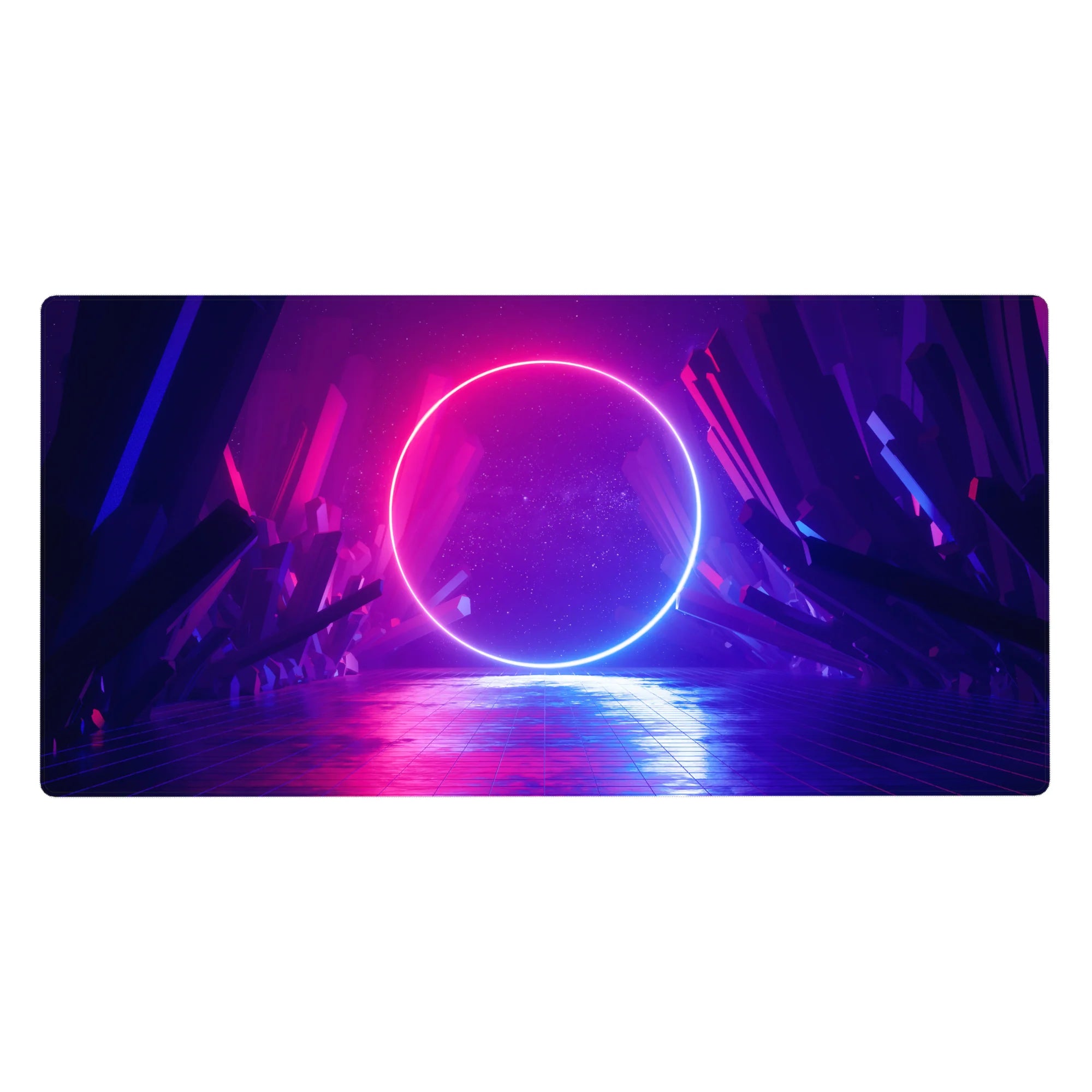 Neon portal cavern crystal desk pad, 40x20 inches, with glowing ring light and gridded floor.