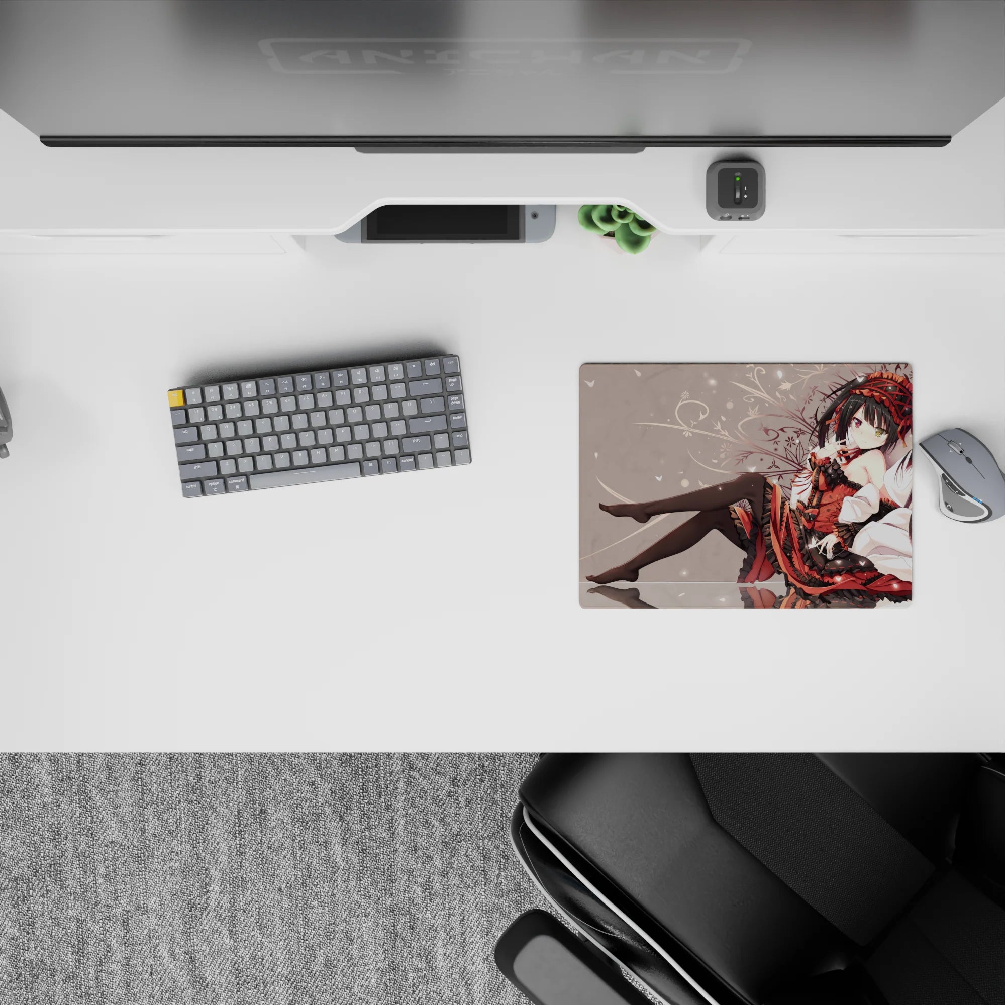 Anime mouse pad 14x10 inches in ruby red and black, pale background, cozy late-night gothic vibe.