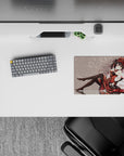 Anime mouse pad 14x10 inches in ruby red and black, pale background, cozy late-night gothic vibe.