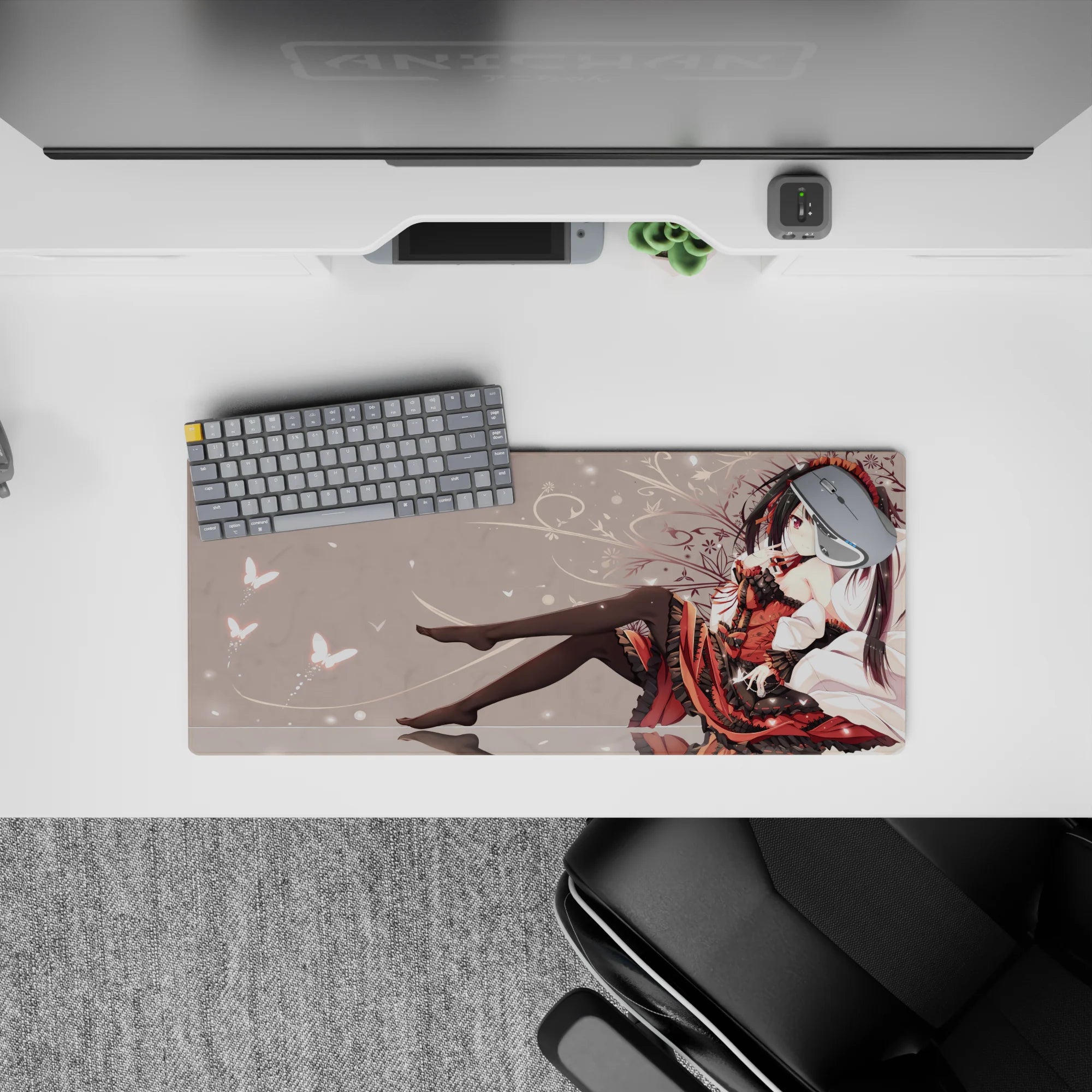 28x12 inches mouse pad in moody ruby red and black on pale background, cozy late-night desk vibe.