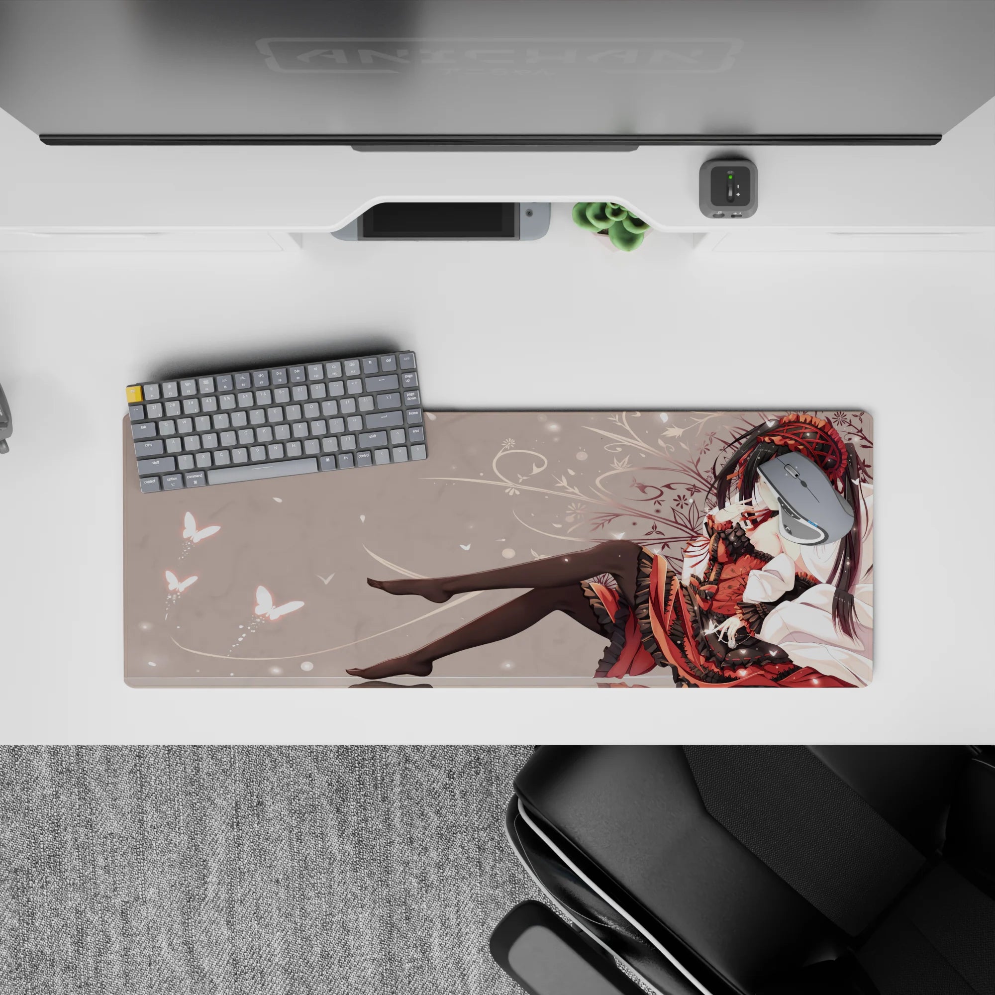32x12 inches desk mouse pad in ruby red and black on pale backdrop, cozy dark gothic vibe with butterflies.