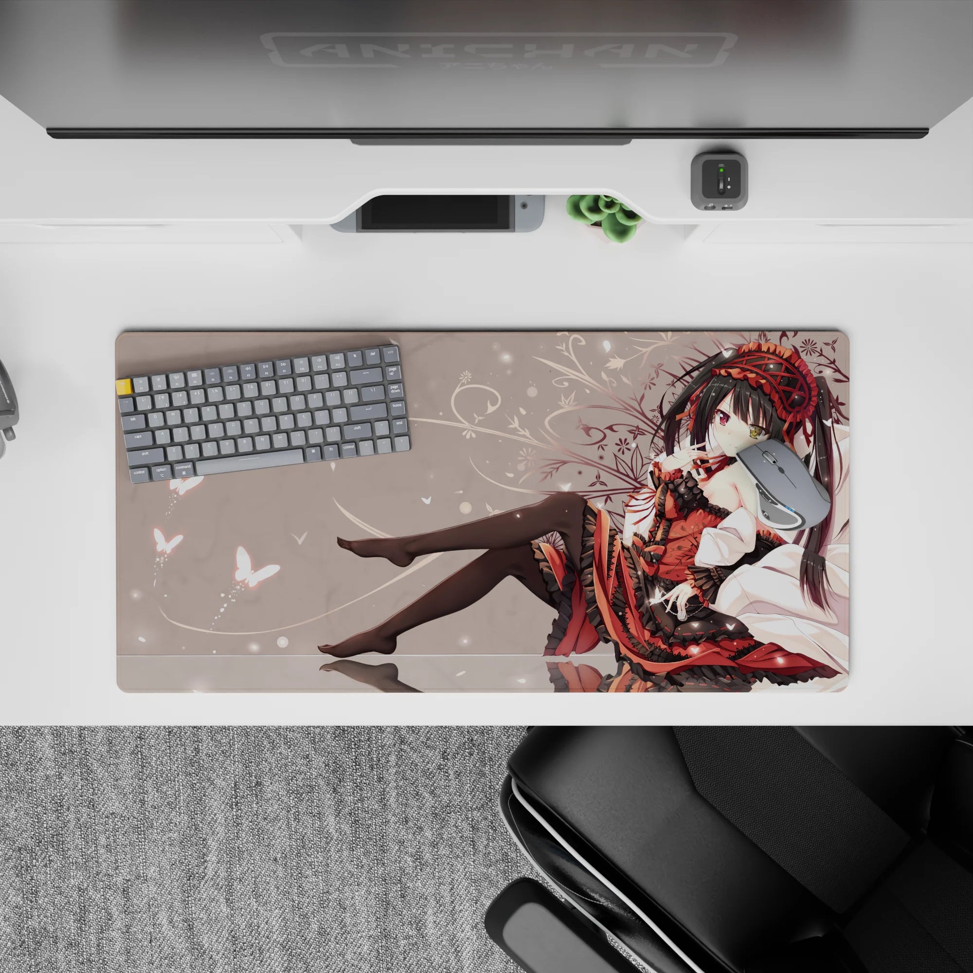 32x16 inches dark romantic mouse pad in ruby red and black on a pale backdrop, cozy night vibe.