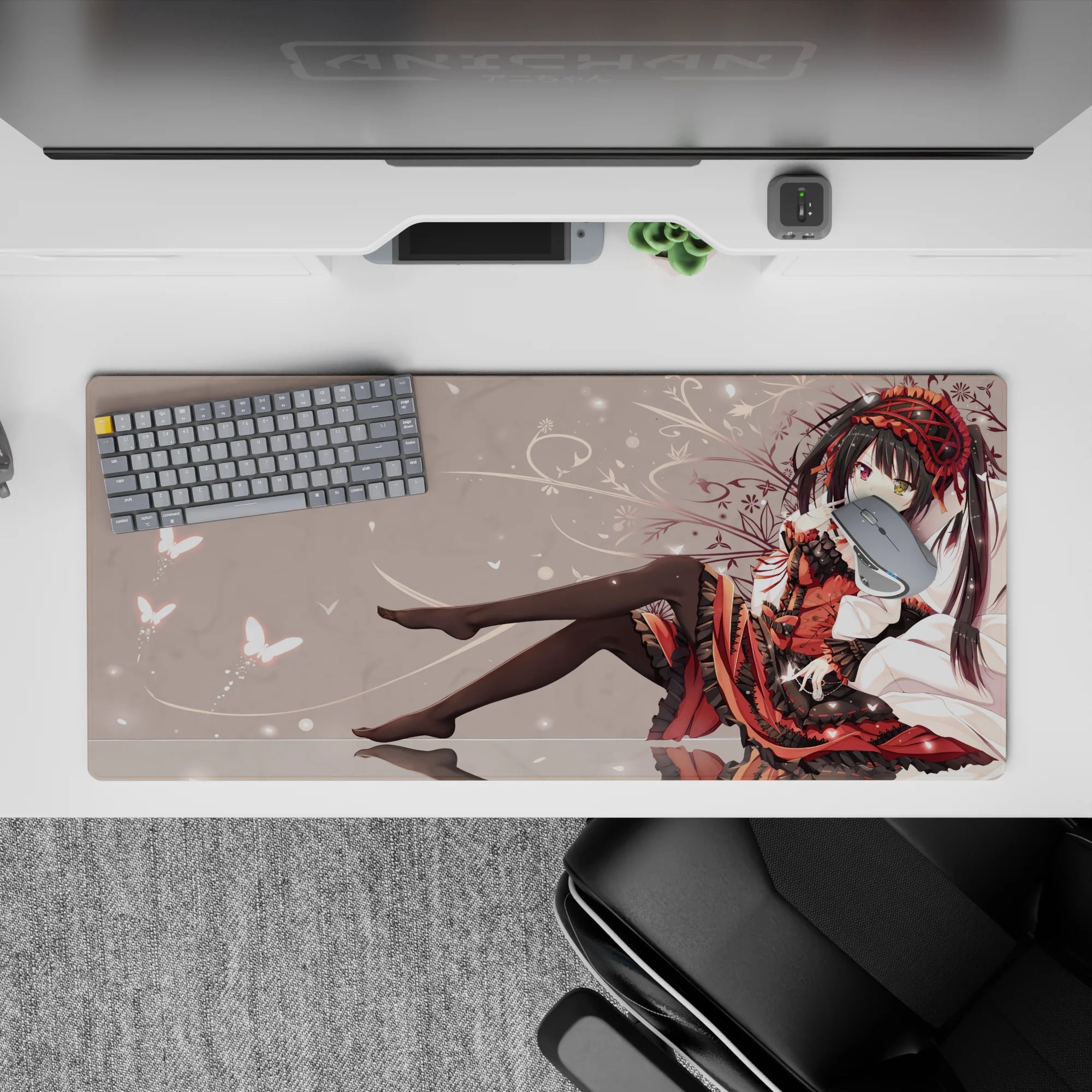 36x16 inches desk pad in ruby red and black on a pale background, cozy dark gothic-lolita mood.
