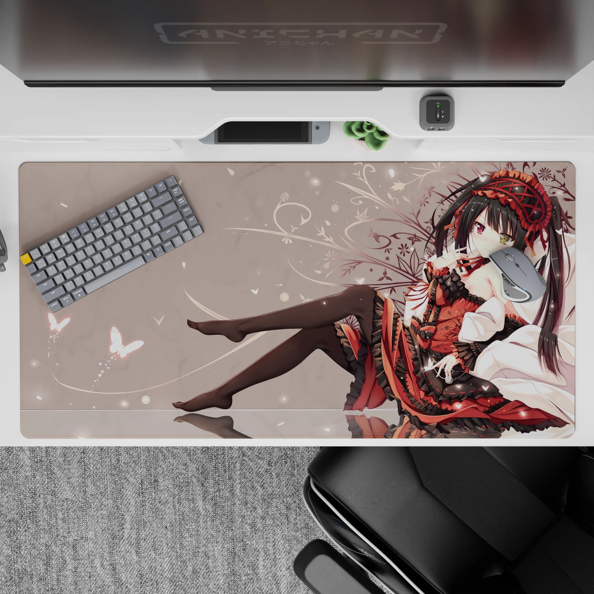 Moody red and black anime mouse pad 40x20 inches, pale background, cozy late-night vibe.