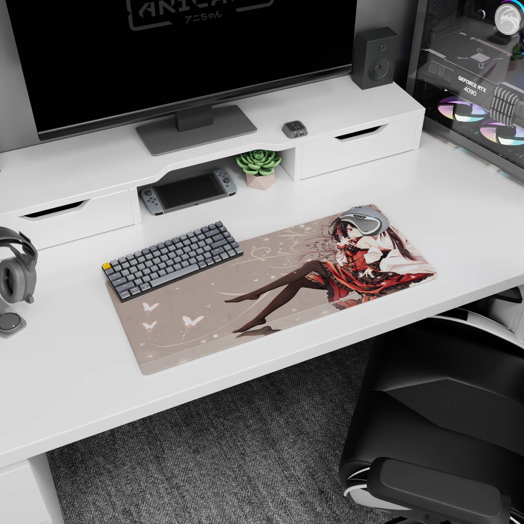 28x12 inches mouse pad showing dark-haired anime girl lounging in red-black dress, glossy thigh-highs.