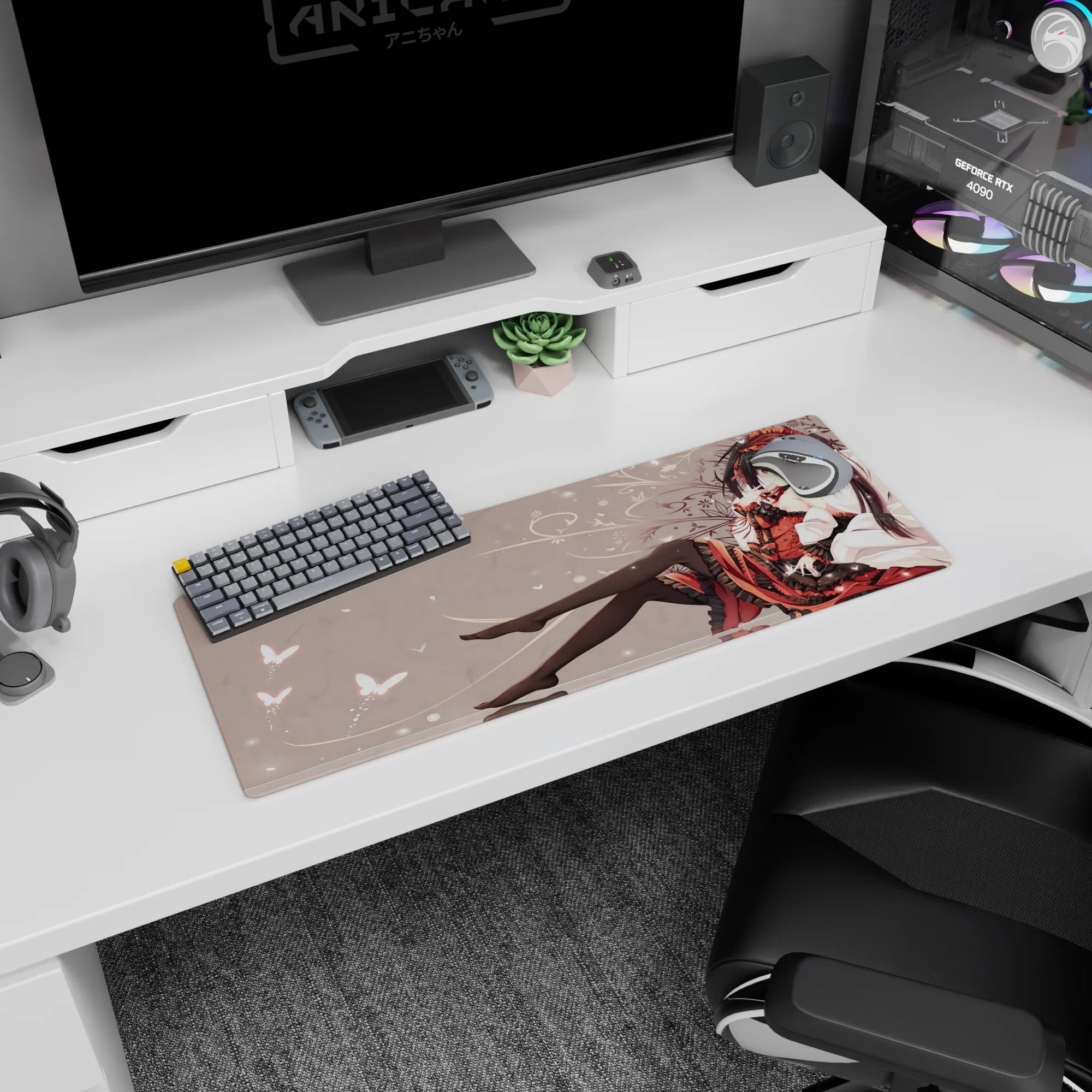 32x12 inches anime mouse pad showing dark-haired girl lounging in red-black dress, glossy thigh-highs, butterflies.