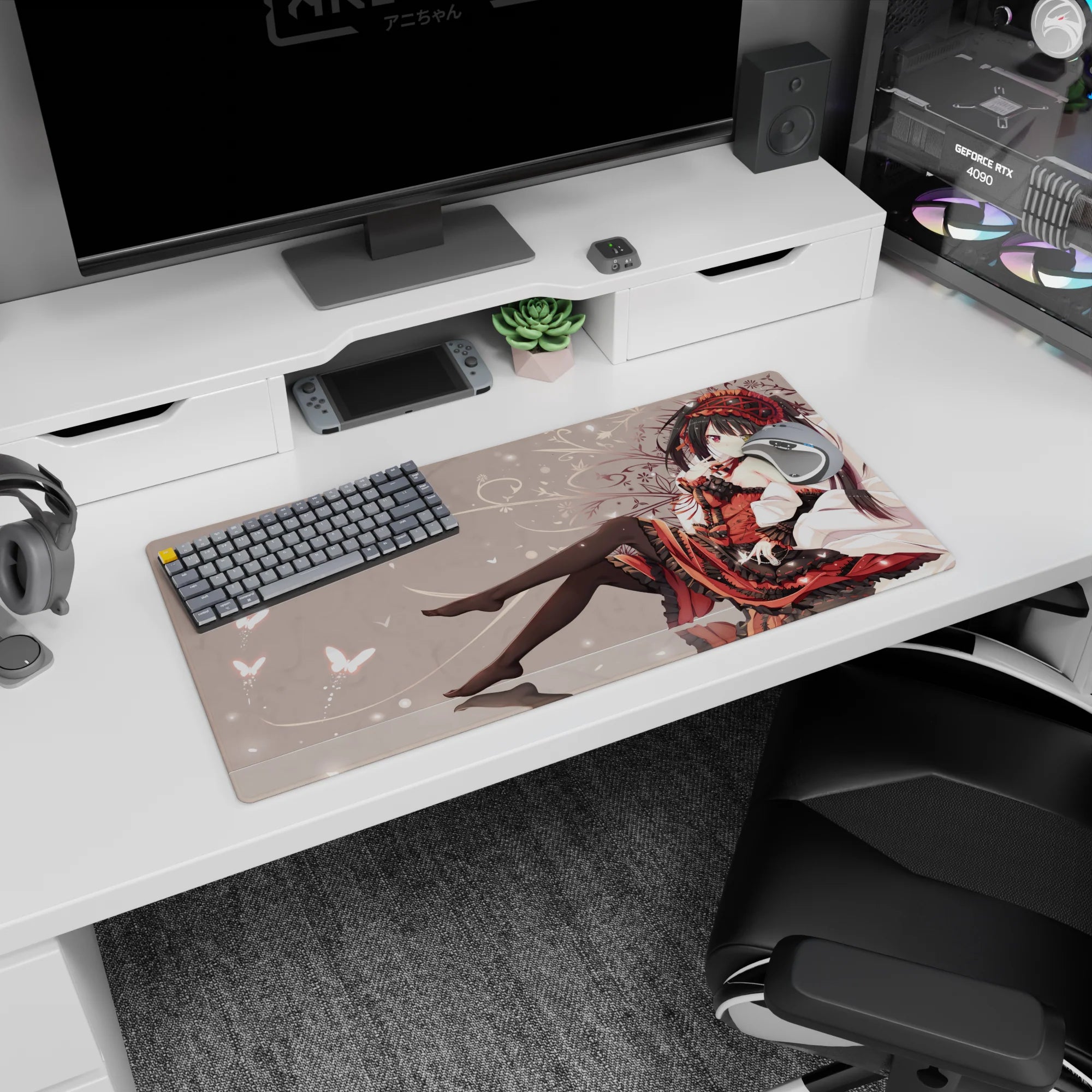 32x16 inches mouse pad showing dark-haired anime girl lounging in glossy thigh-highs, butterflies.