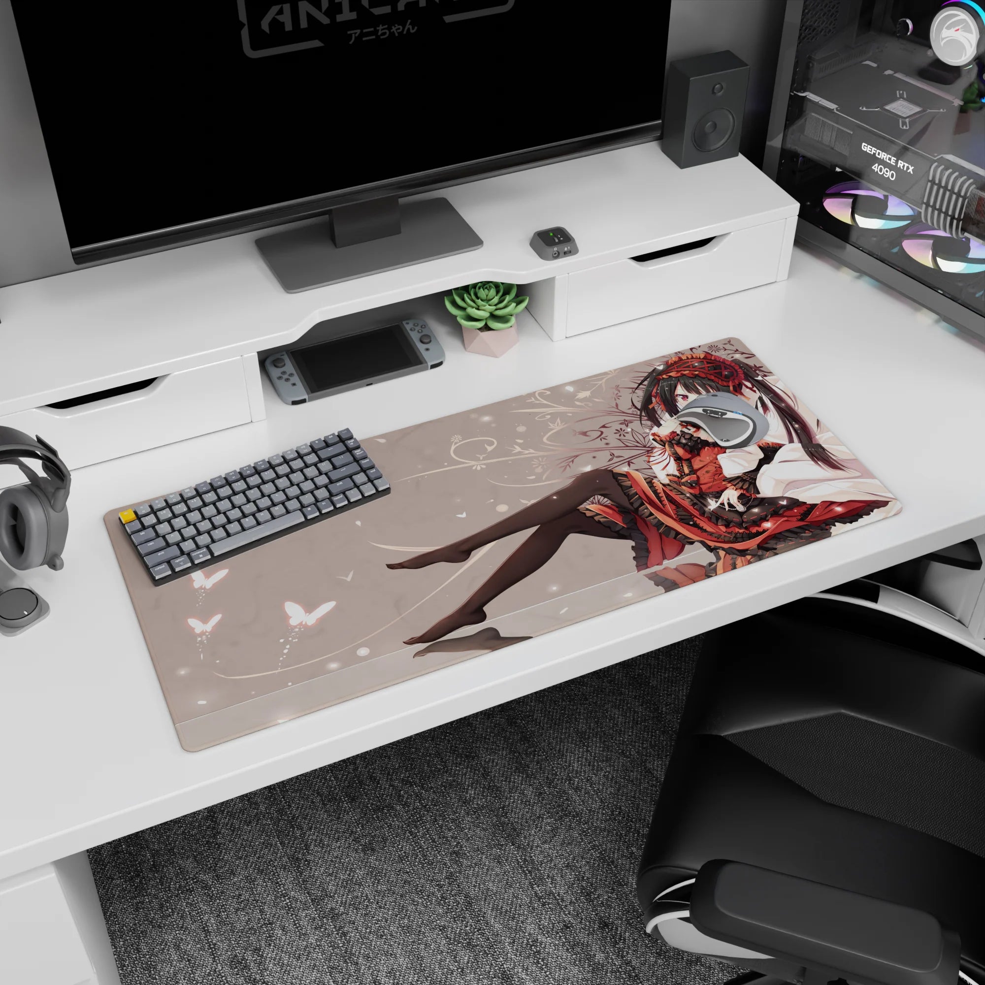 36x16 inches anime girl mouse pad with dark-haired girl lounging in frilly dress and glossy thigh-highs.
