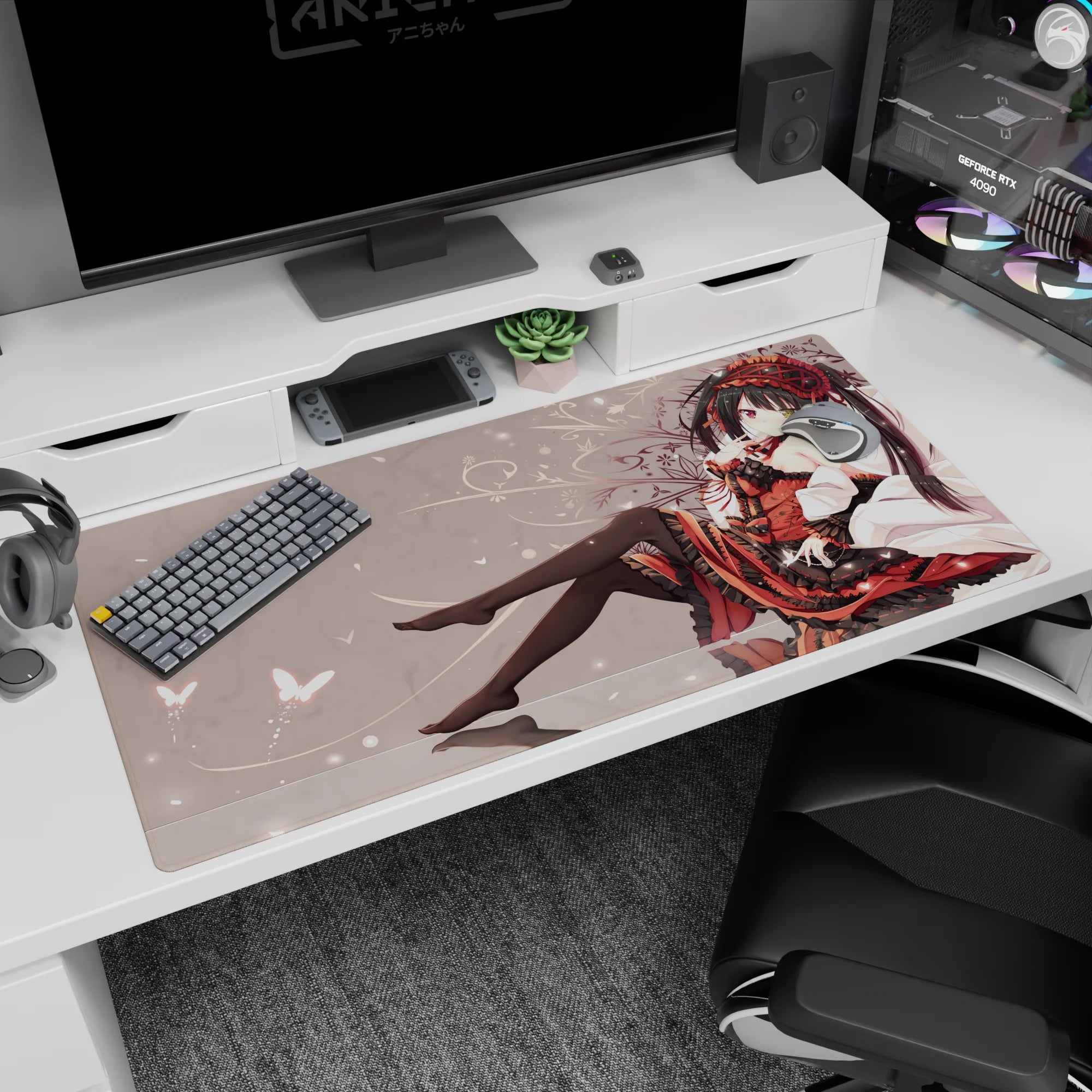 Dark-haired anime girl lounging in ruby dress on desk pad 40x20 inches with glossy thigh-highs.