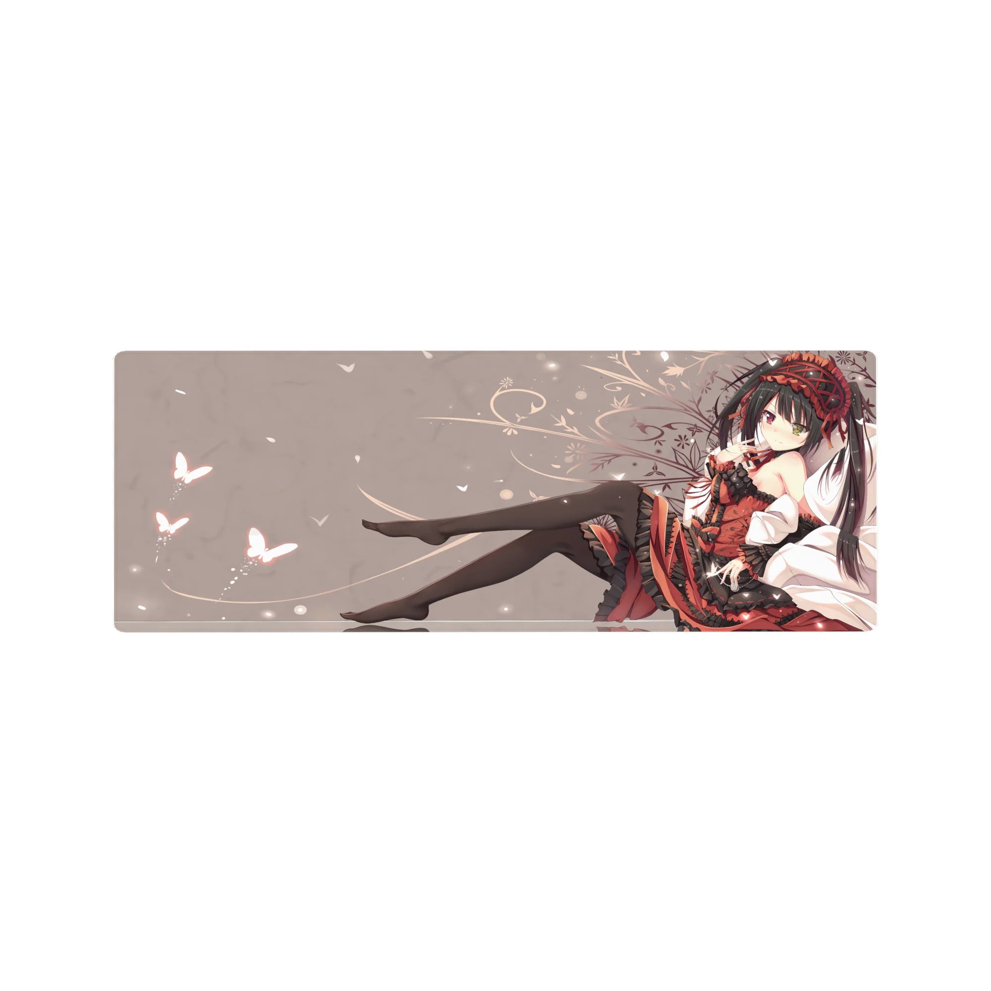 32x12 inches anime girl mouse pad with gothic lolita design, red-black frills, roses, and butterflies.
