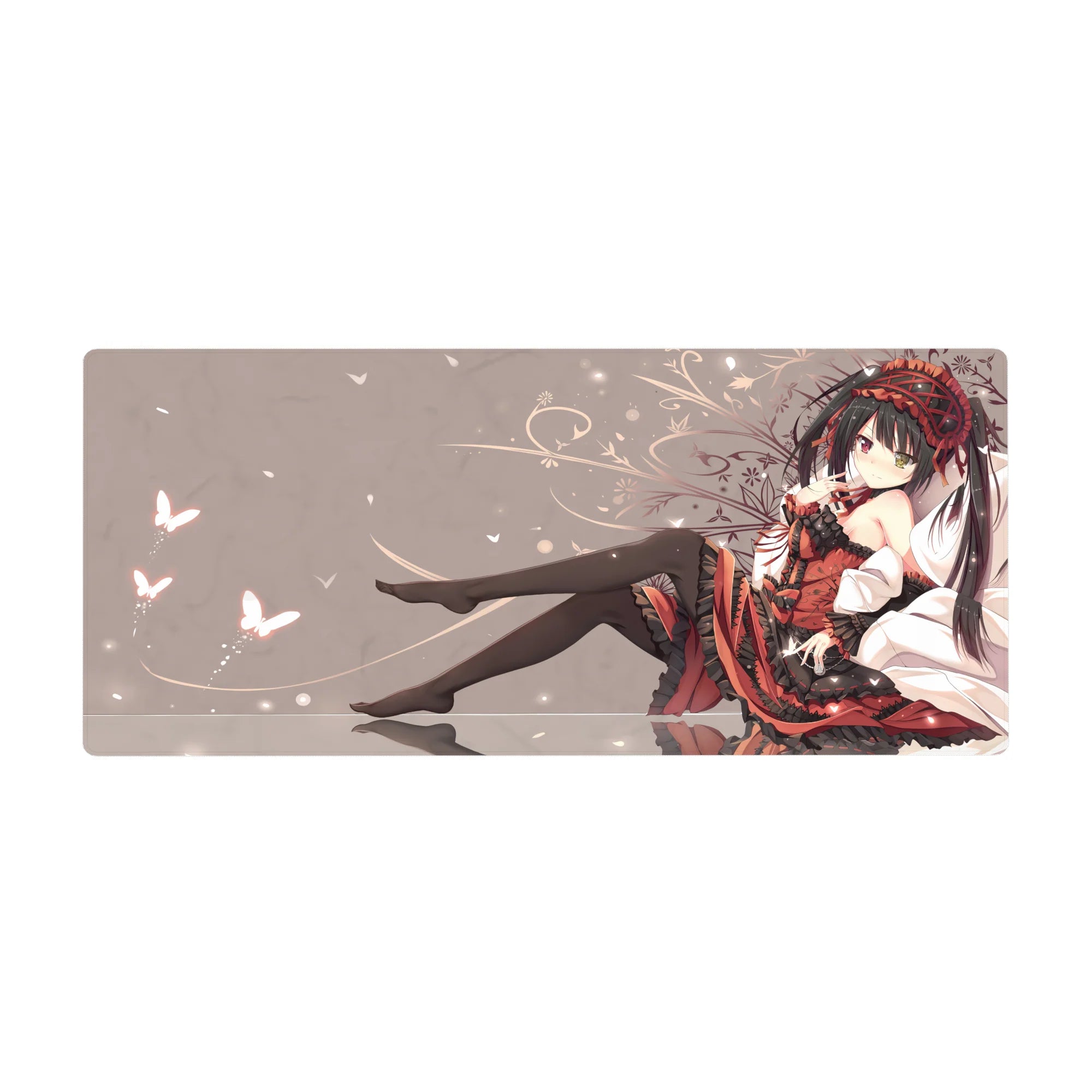 36x16 inches anime girl desk pad with gothic lolita beauty, red-black frills, roses, and butterflies.