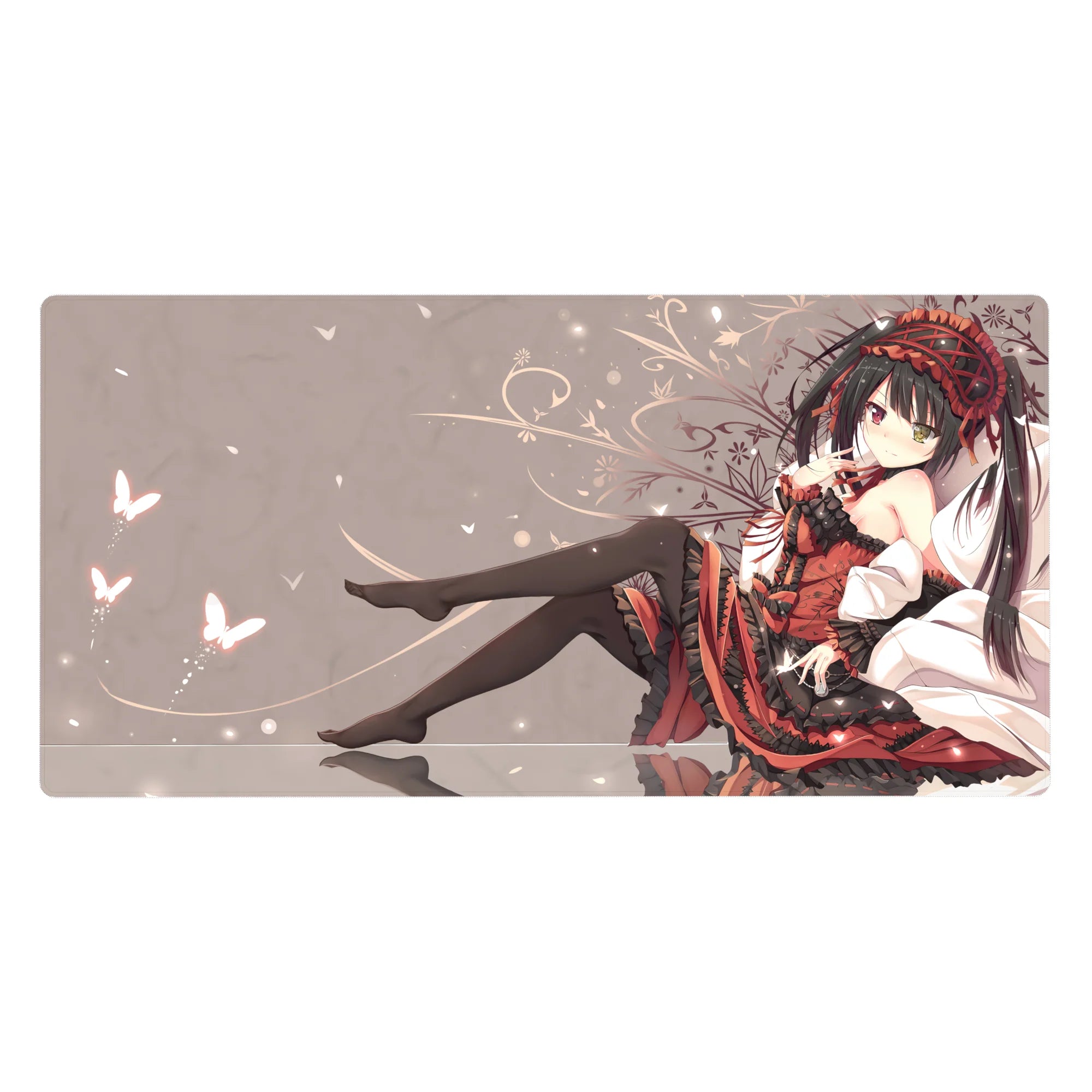 Gothic lolita anime girl desk pad 40x20 inches with red-black frills, roses, butterflies.