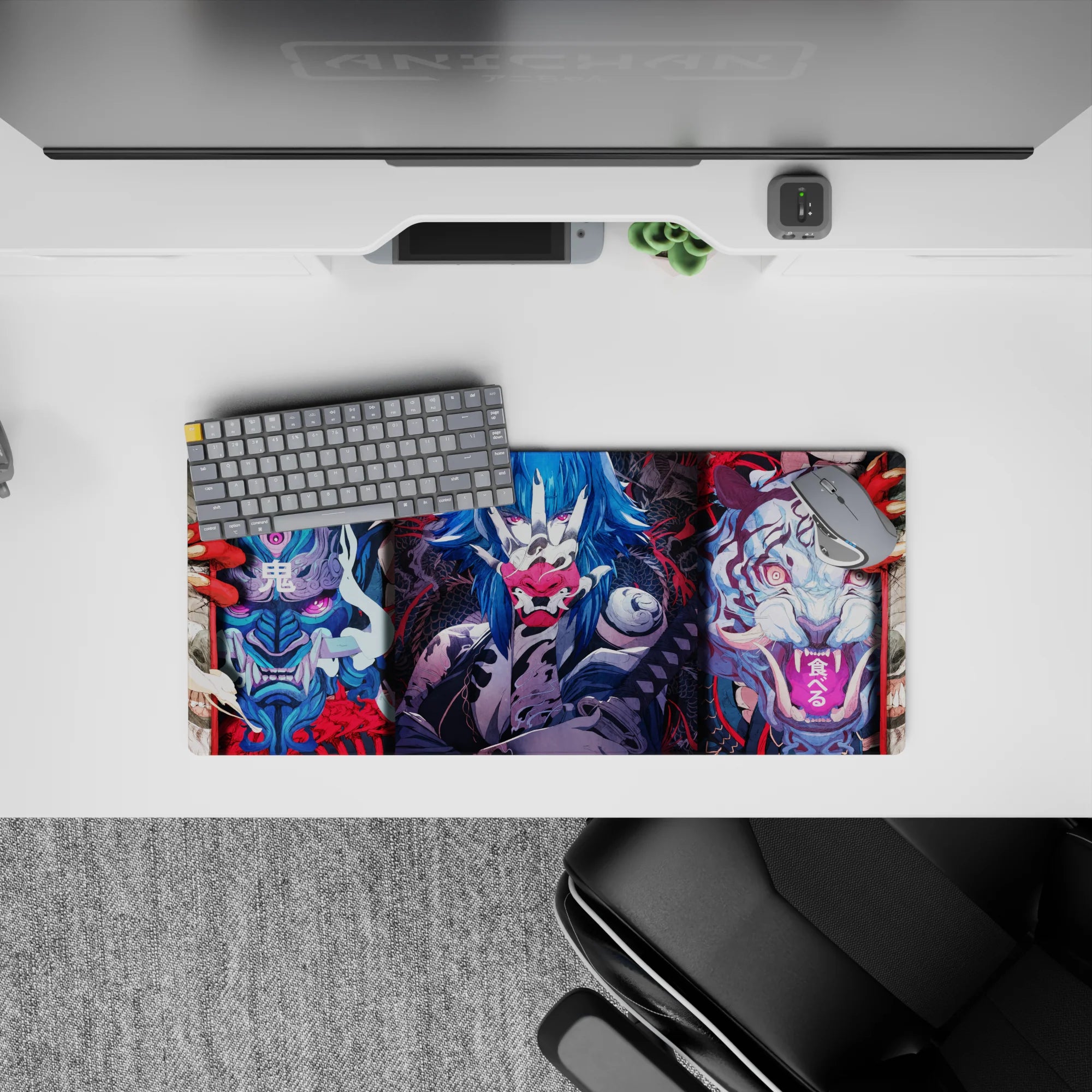 Anime mouse pad 28x12 inches with fierce masks, demonic tigers, and electric-blue warriors in vivid reds and blues.