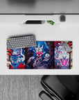 Anime mouse pad 28x12 inches with fierce masks, demonic tigers, and electric-blue warriors in vivid reds and blues.
