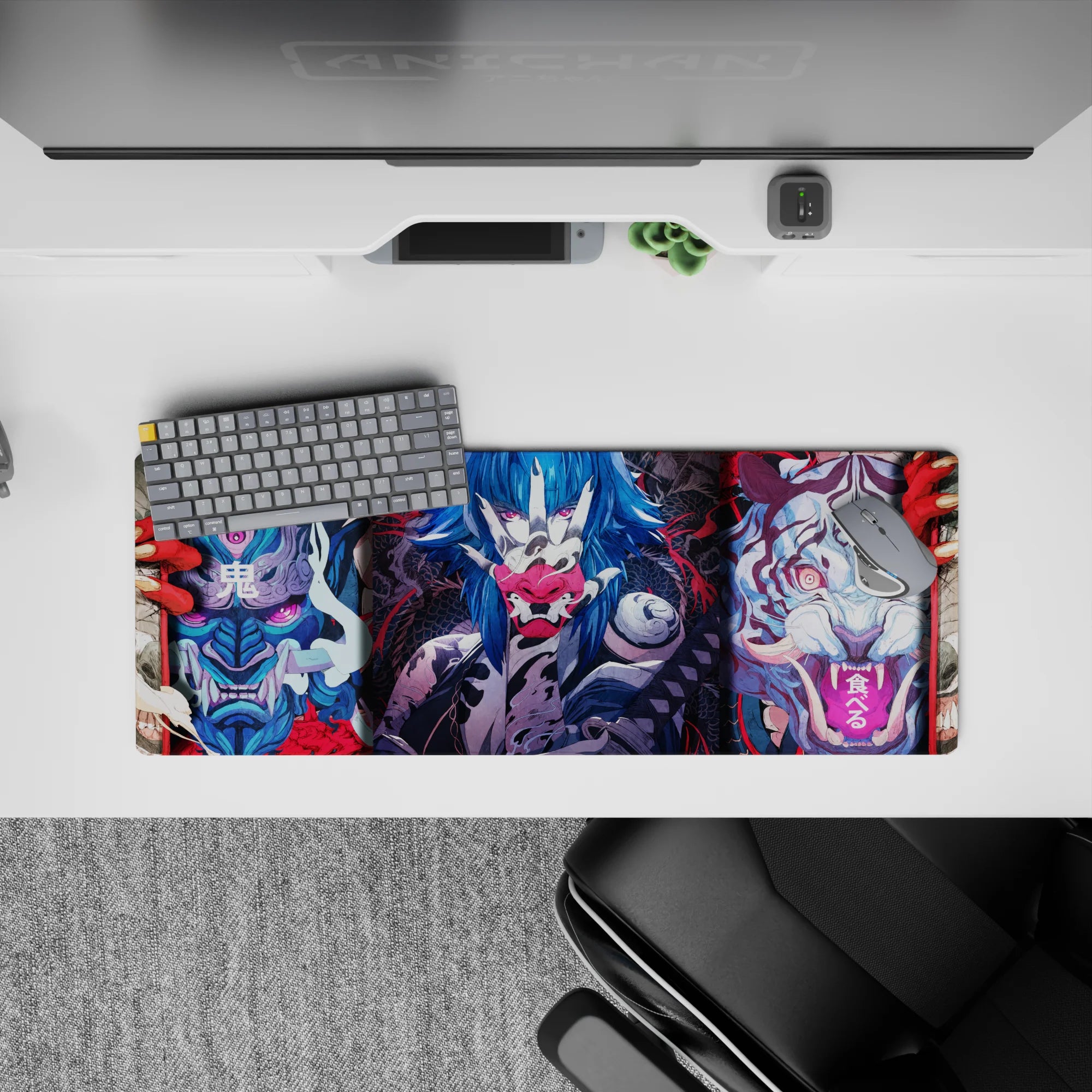 Anime mouse pad 32x12 inches featuring fierce masks, demonic tigers, and electric-blue warriors in bold colors.
