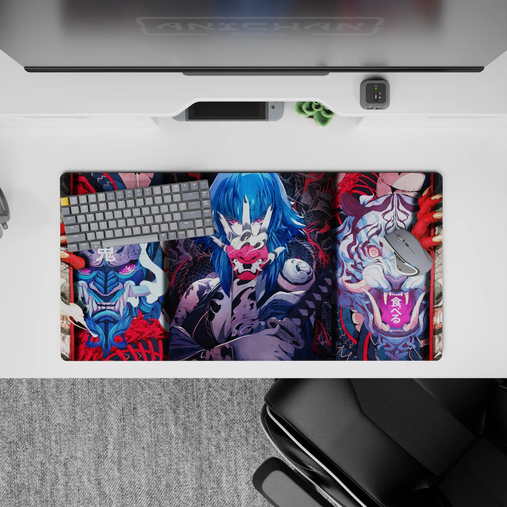Anime mouse pad 32x16 inches featuring fierce masks, demonic tigers, and electric-blue warriors in vibrant colors.