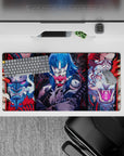 Anime mouse pad 32x16 inches featuring fierce masks, demonic tigers, and electric-blue warriors in vibrant colors.