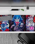 Anime mouse pad 36x16 inches featuring fierce masks, demonic tigers, and electric-blue warriors in bold colors.