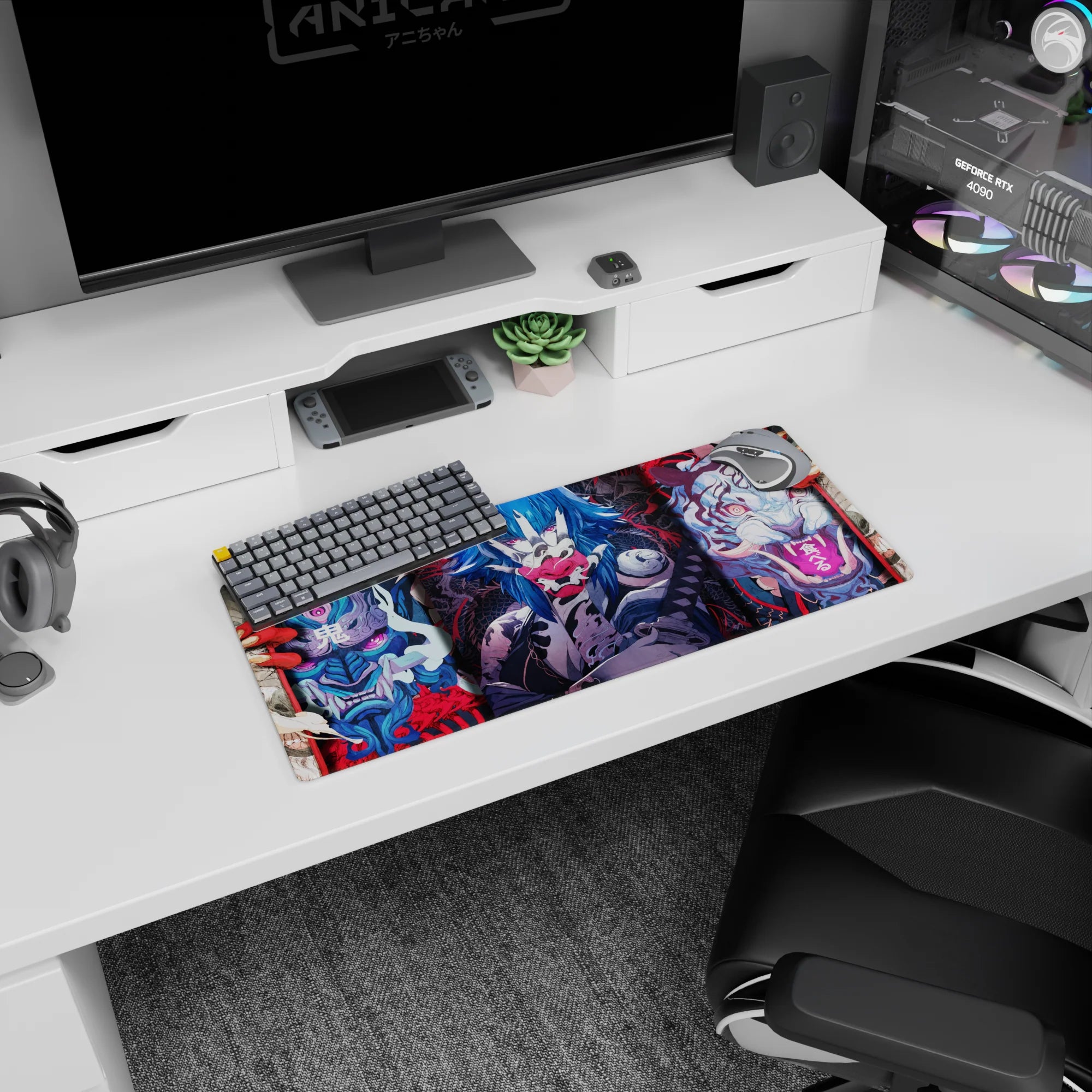 Anime mouse pad 28x12 inches featuring fierce masks, demonic tigers, and electric-blue warriors in bold colors and sharp lines.