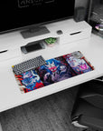 Anime mouse pad 28x12 inches featuring fierce masks, demonic tigers, and electric-blue warriors in bold colors and sharp lines.