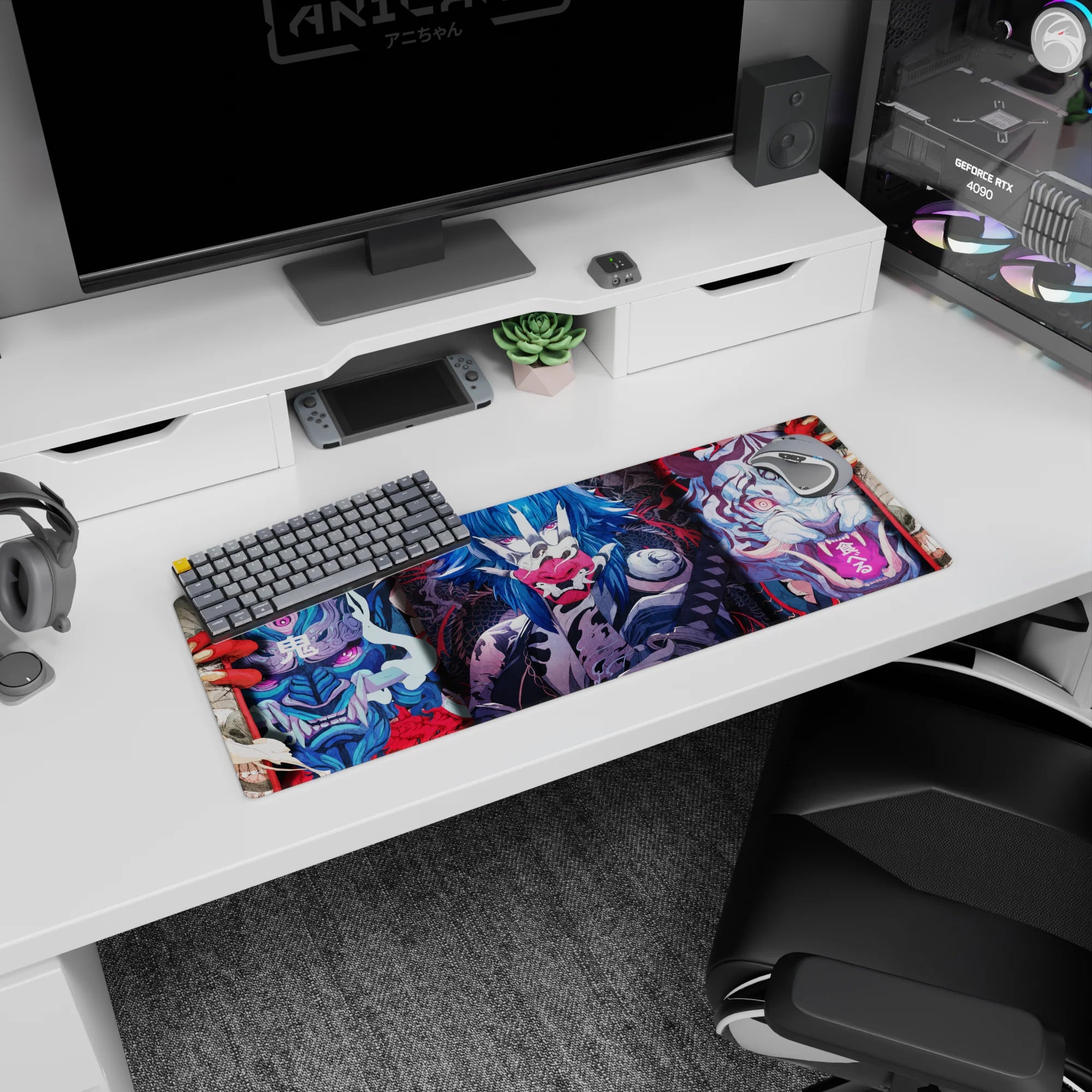 Anime mouse pad 32x12 inches featuring fierce masks, demonic tigers, and electric-blue warriors in bold colors.