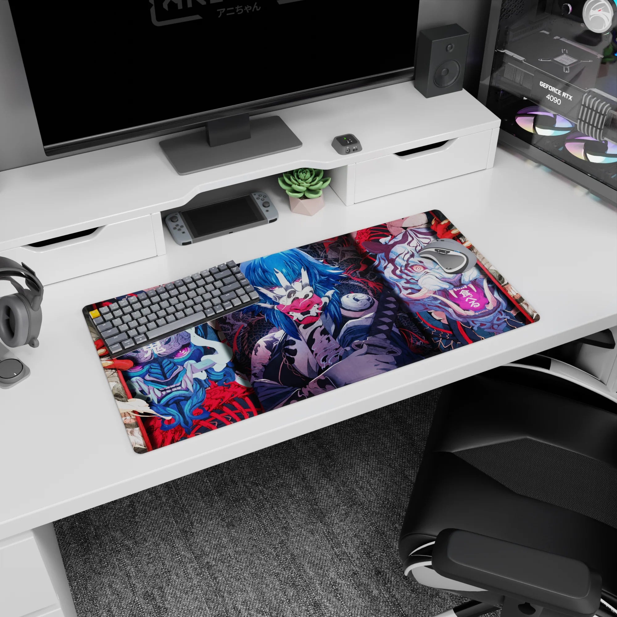Anime mouse pad 32x16 inches with fierce masks, demonic tigers, electric-blue warriors in vivid reds and blues.