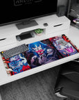 Anime desk pad 36x16 inches featuring fierce masks, demonic tigers, and electric-blue warriors in bold colors.