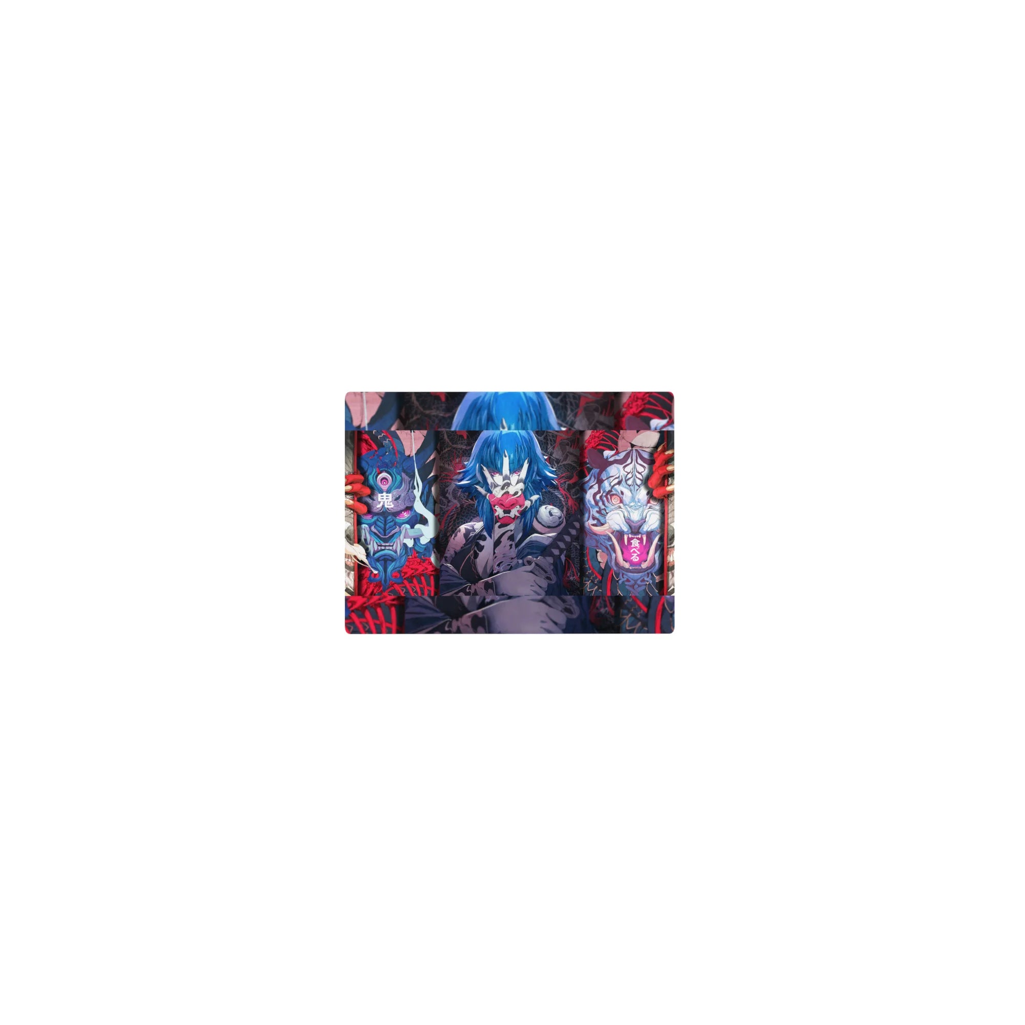 Anime mouse pad 14x10 inches featuring fierce masks, demonic tigers, and electric-blue warriors in bold colors.