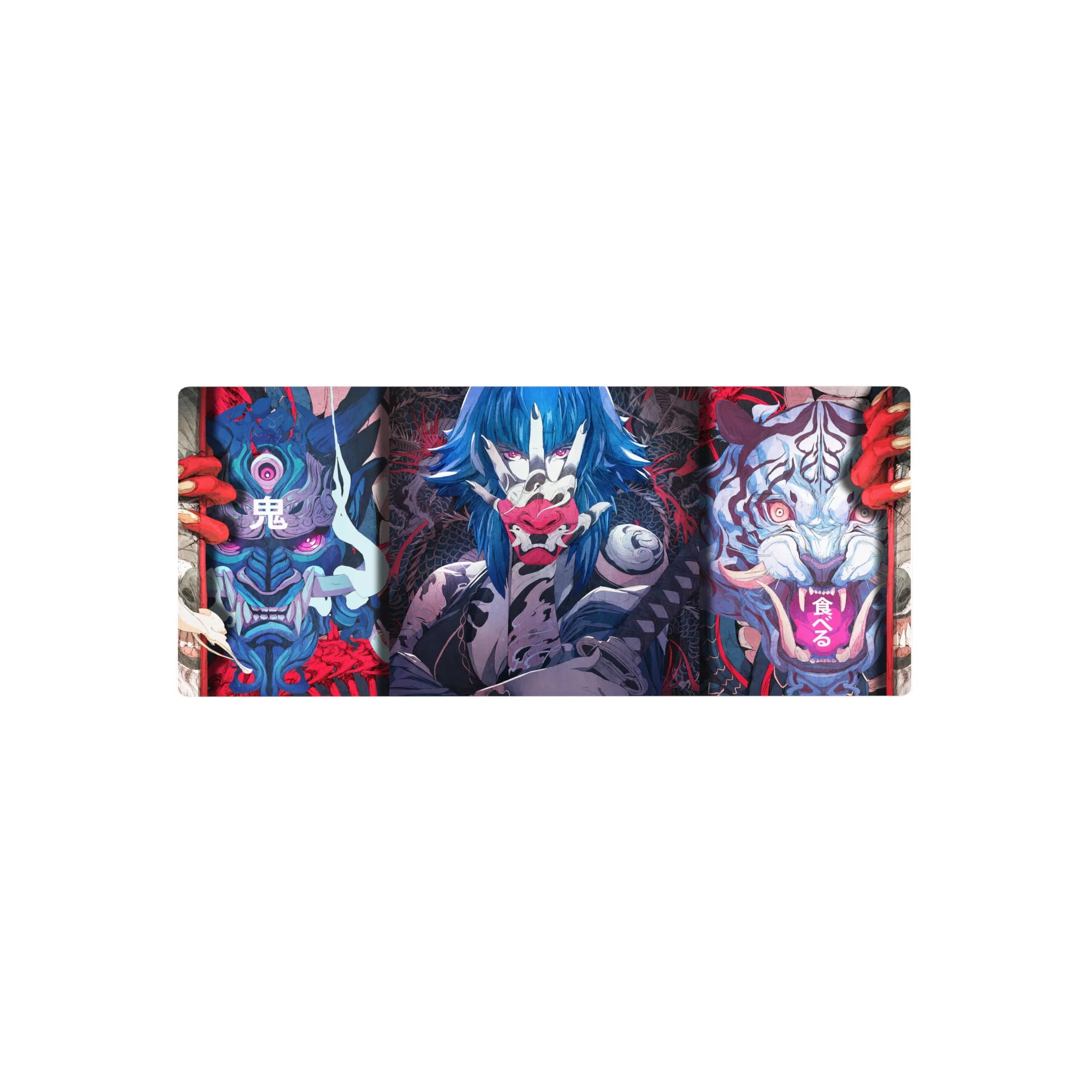 Anime mouse pad 28x12 inches featuring fierce masks, demonic tigers, and electric-blue warriors in bold colors.