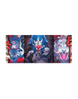 Anime mouse pad 28x12 inches featuring fierce masks, demonic tigers, and electric-blue warriors in bold colors.