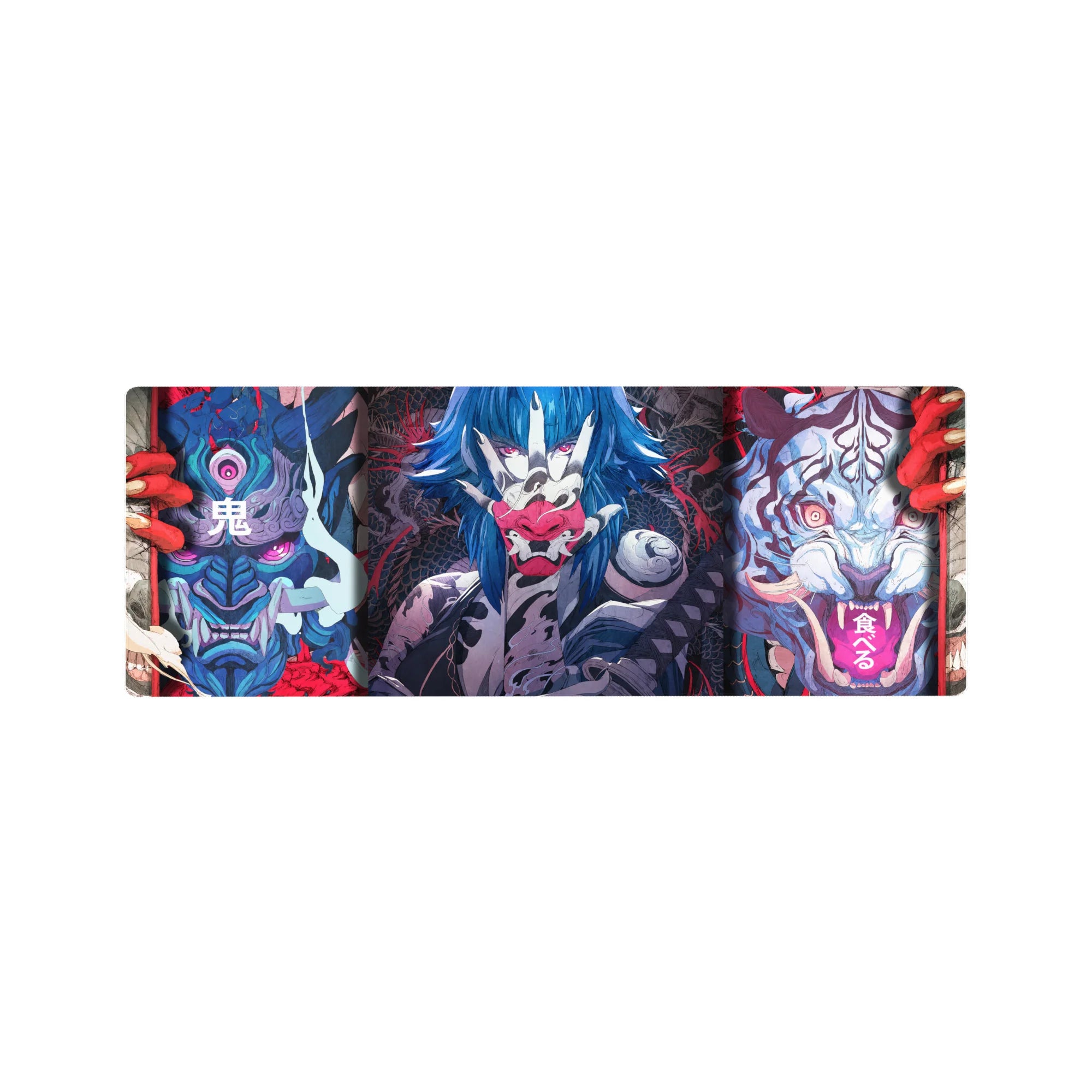 Anime mouse pad 32x12 inches featuring fierce masks, demonic tigers, and electric-blue warriors in bold colors.