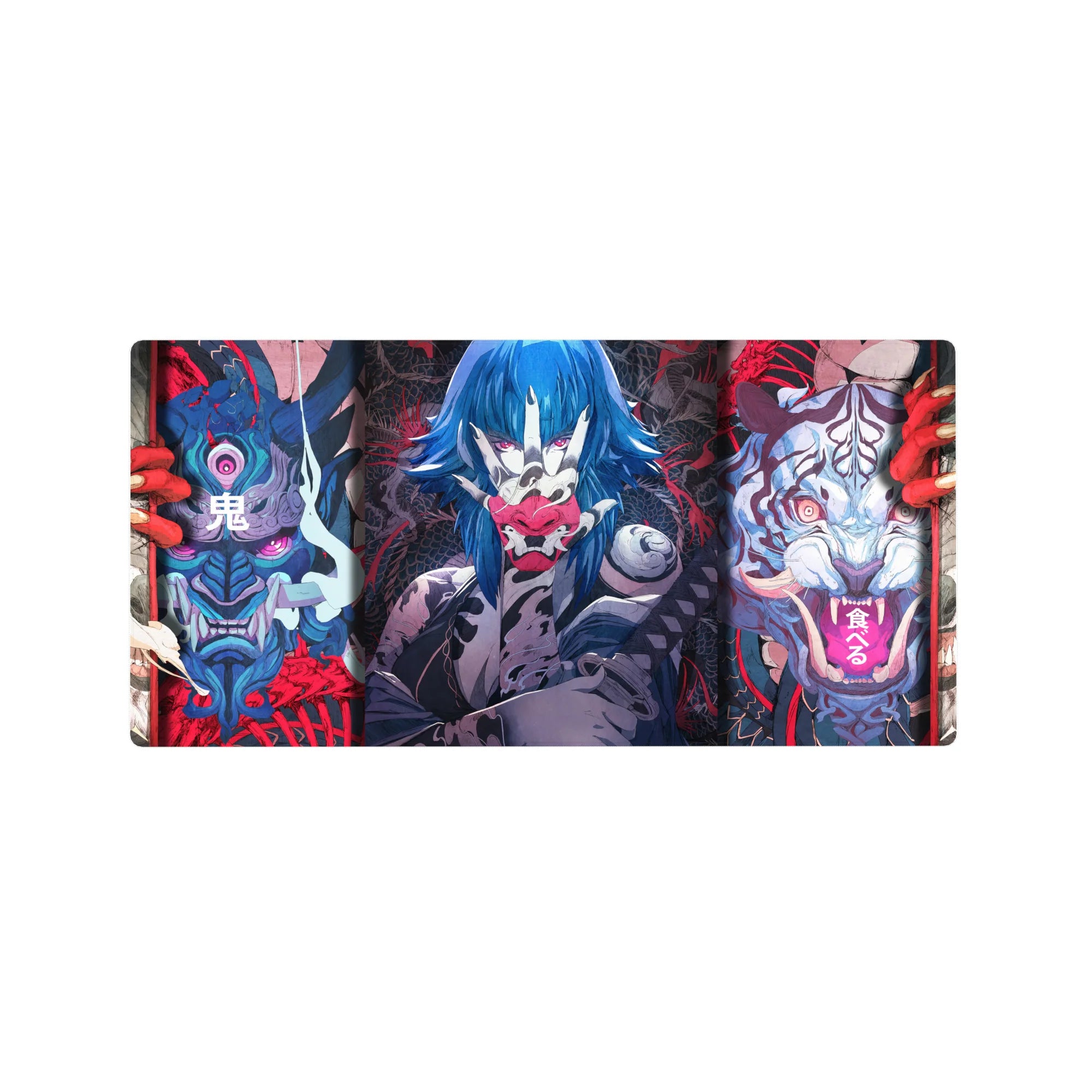 Anime mouse pad 32x16 inches, featuring fierce masks, demonic tigers, and electric-blue warriors in bold colors.