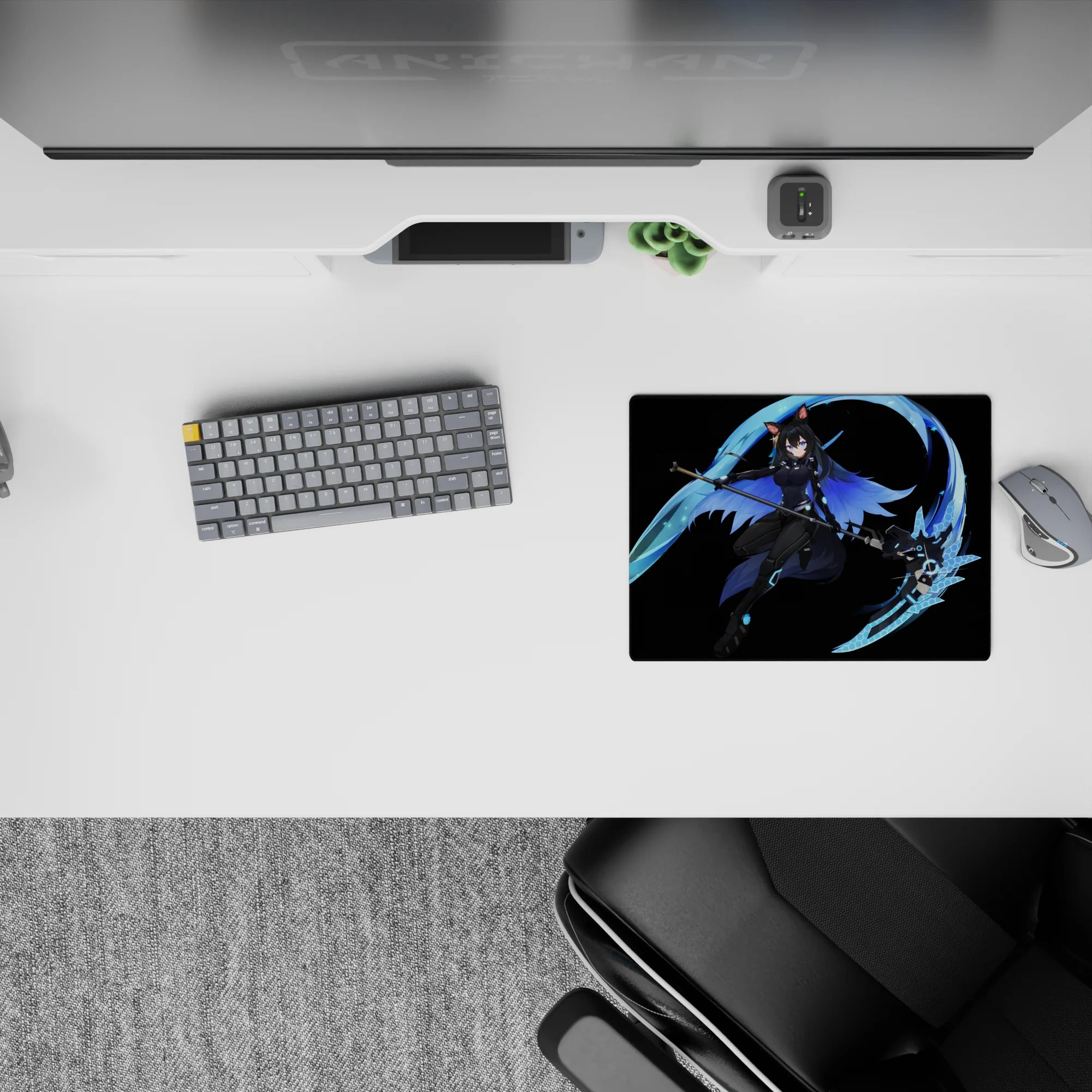 Neon blue and icy cyan on deep black anime girl mouse pad 14x10 inches, cozy cyber ninja vibe.