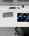 Neon blue and icy cyan on deep black anime girl mouse pad 14x10 inches, cozy cyber ninja vibe.