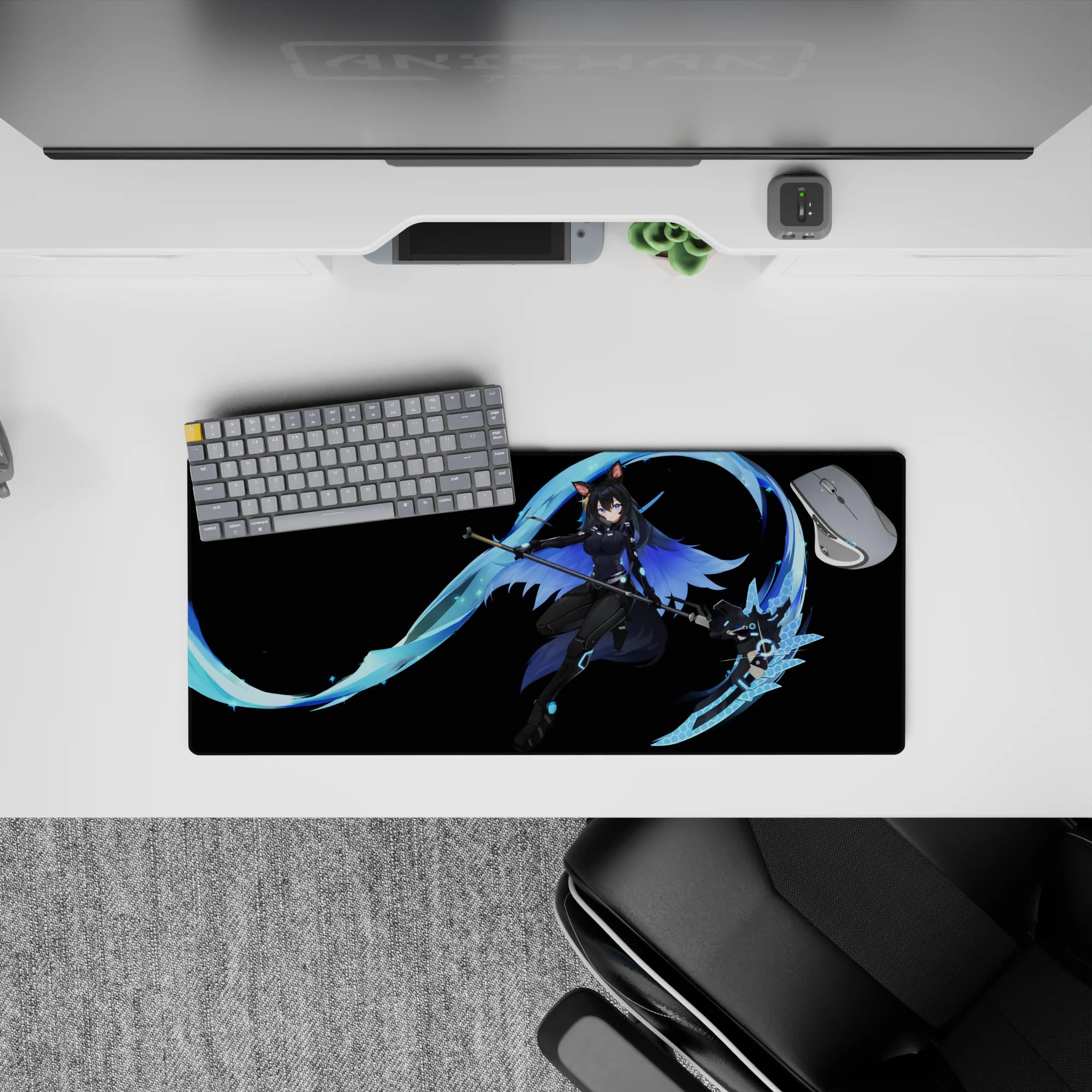 28x12 inches anime mouse pad in deep black with icy cyan glow, hex patterns, and sleek cyber ninja vibe.