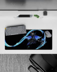 28x12 inches anime mouse pad in deep black with icy cyan glow, hex patterns, and sleek cyber ninja vibe.